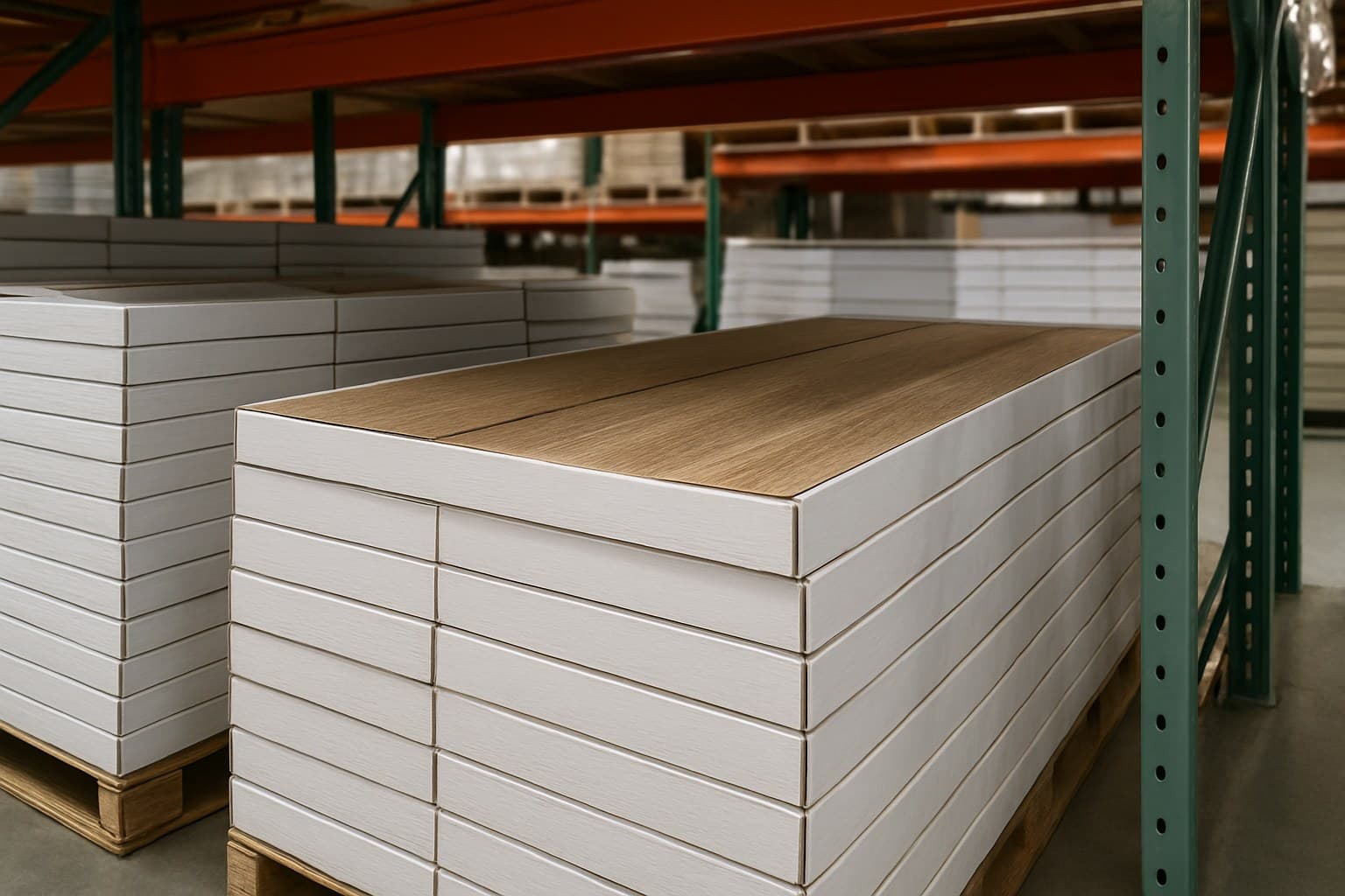 Stacked flooring boxes on a warehouse store shelf
