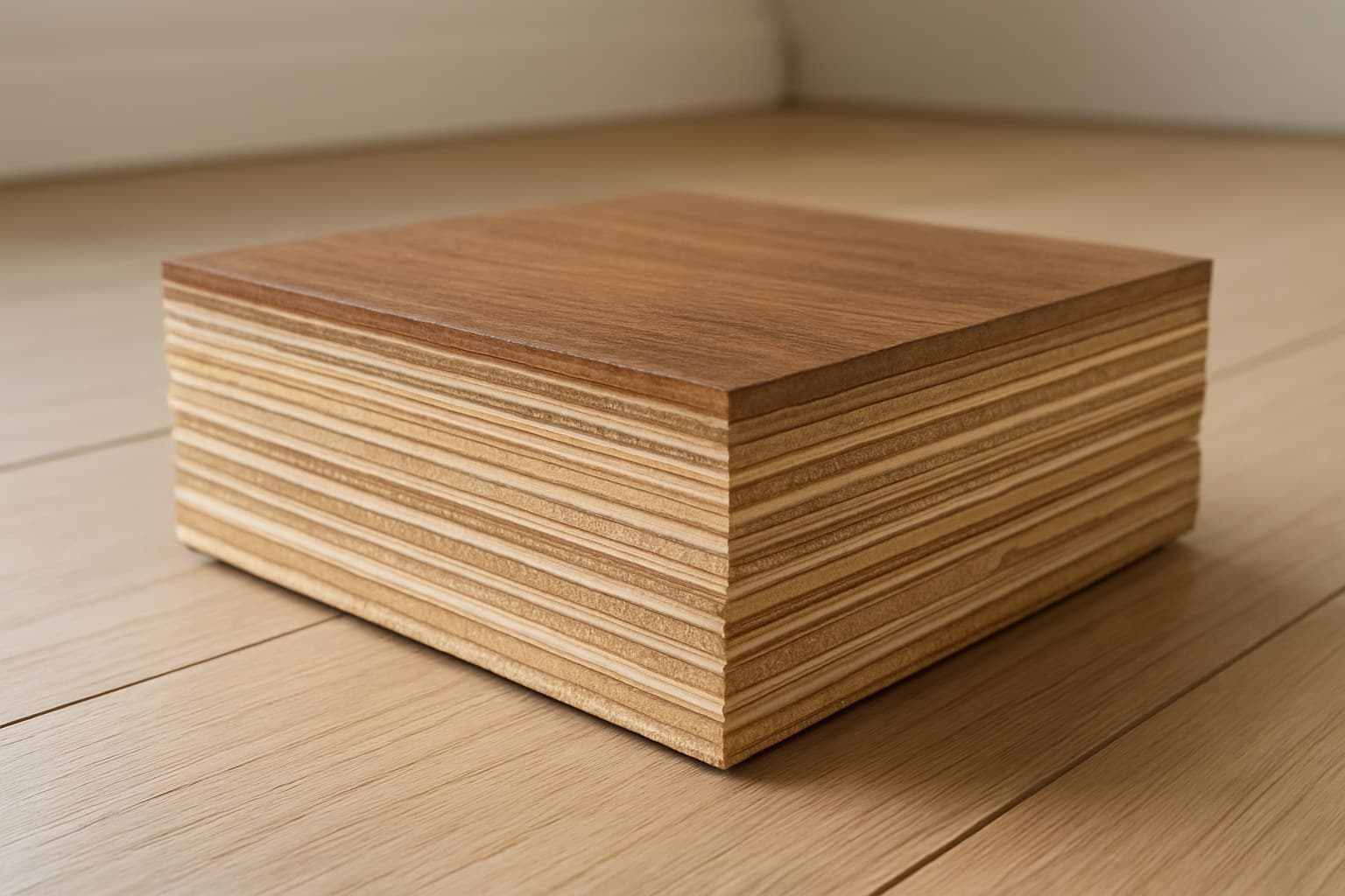Layered plywood core sample used beneath engineered hickory flooring