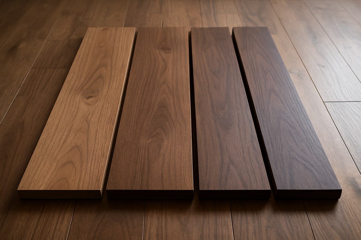 Wide plank wood flooring boards arranged to compare width and finish