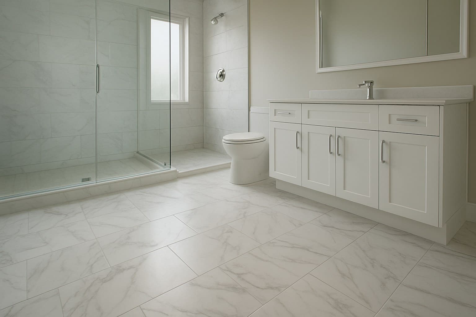 Glue-down marble-look luxury vinyl tile in a spacious wet room