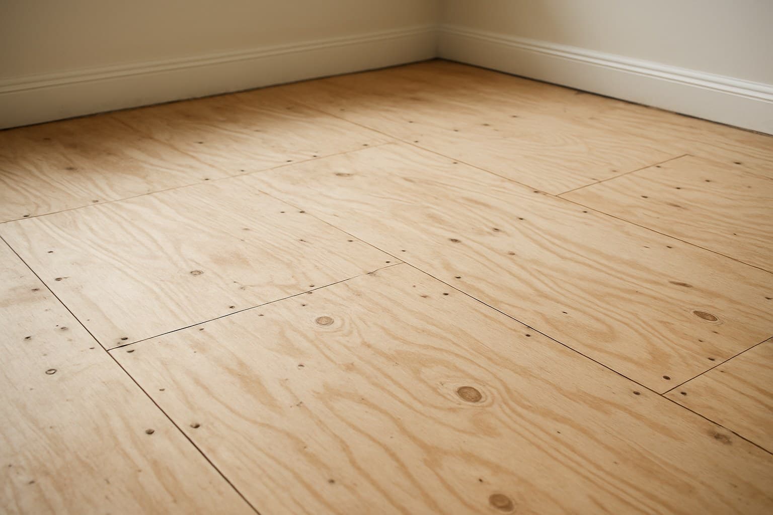 Plywood subfloor exposed and being checked before flooring installation