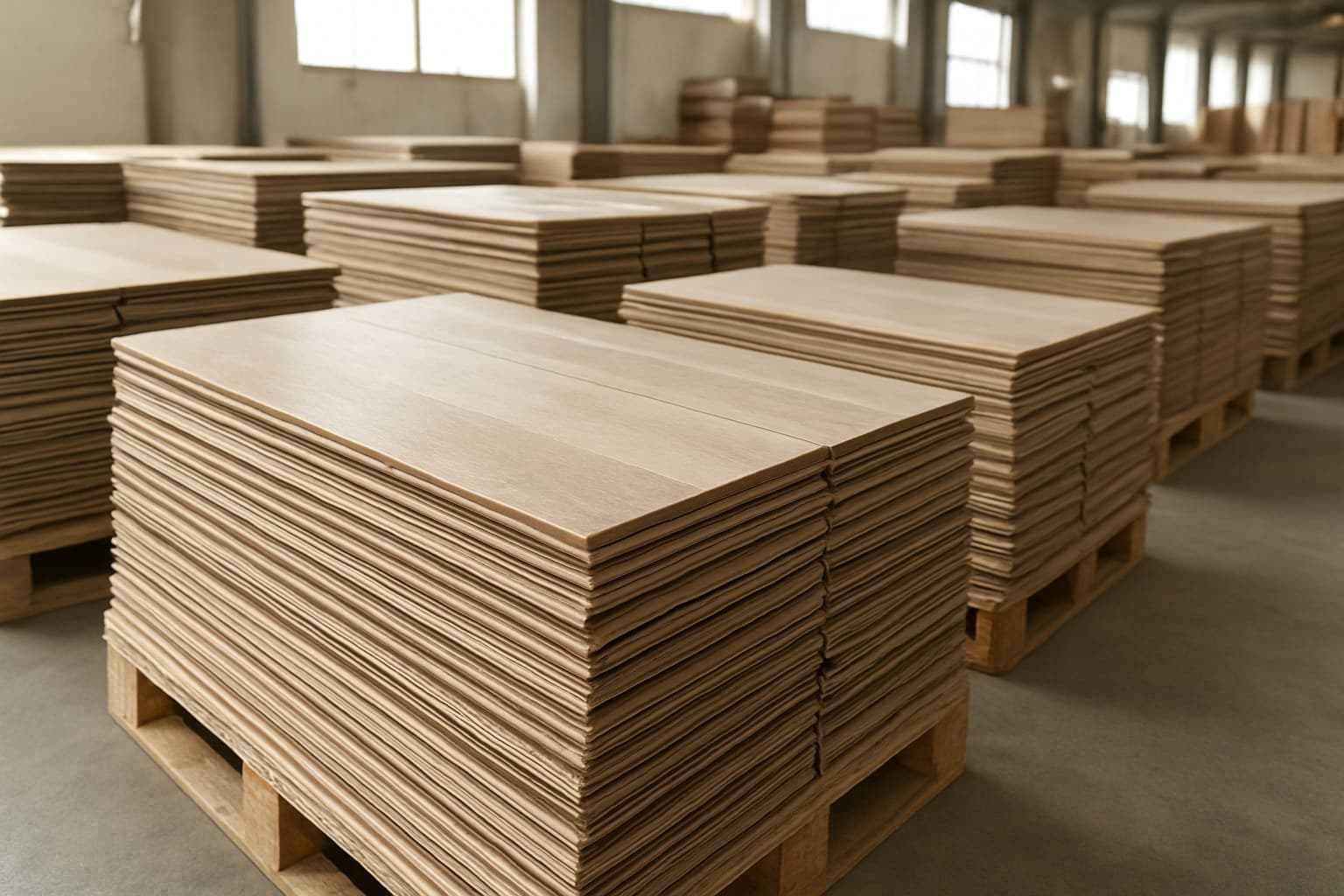 Stacked laminate flooring planks in a warehouse awaiting quality inspection