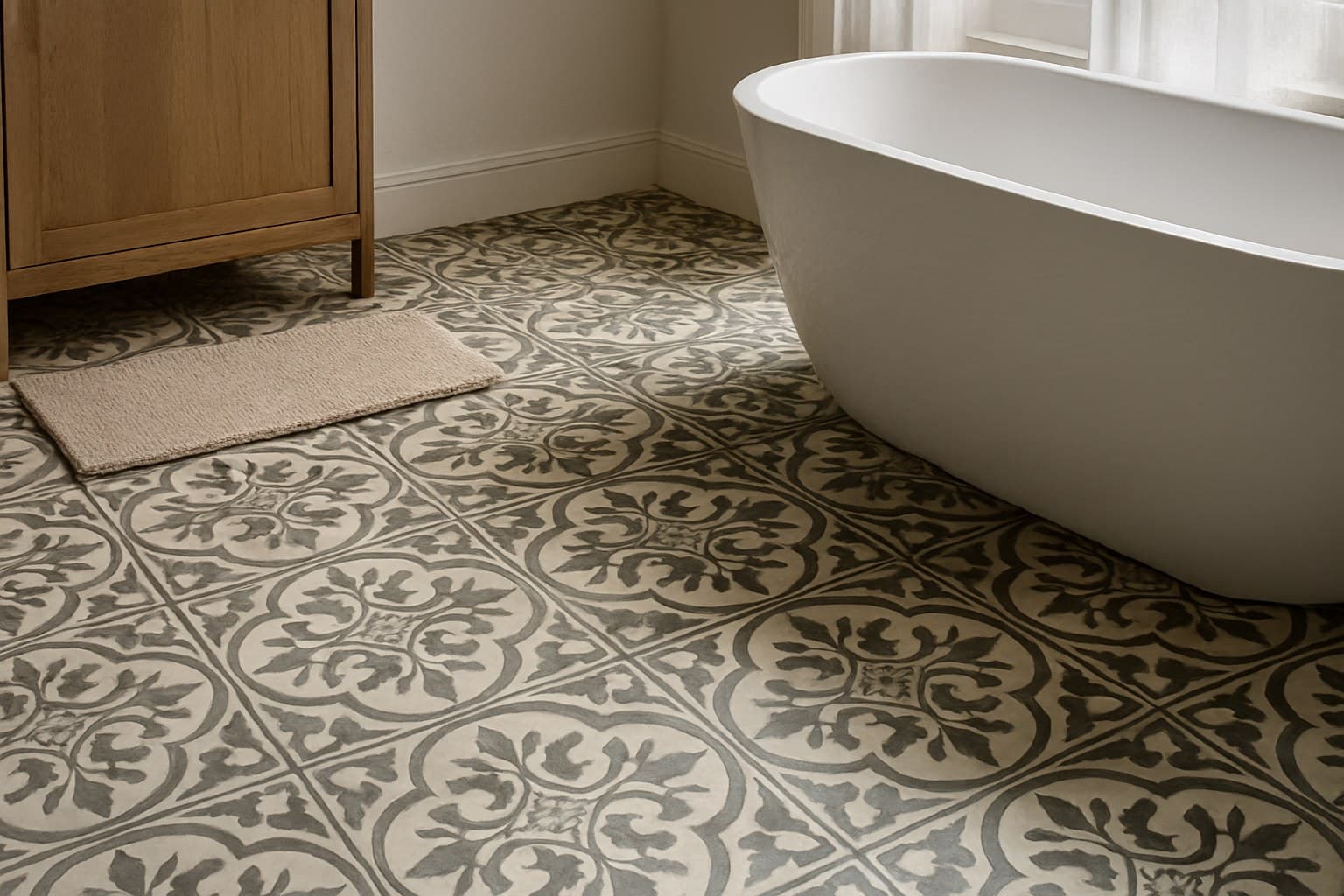 Patterned encaustic cement tile floor in a bathroom