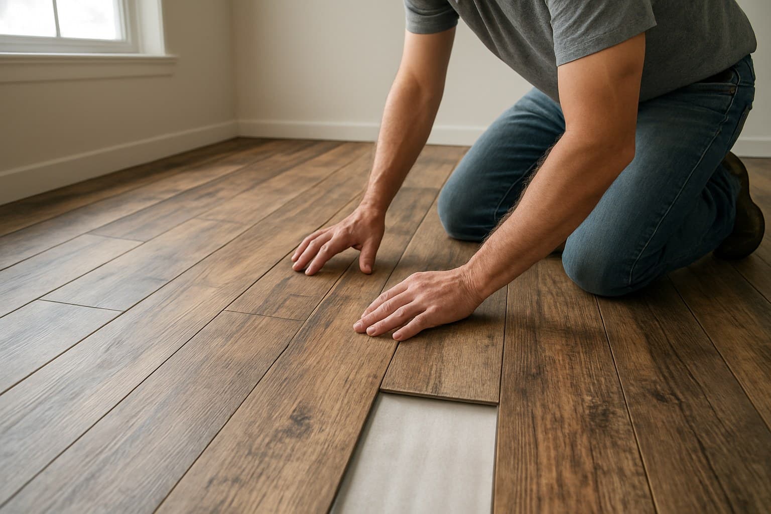 Worker installing vinyl plank flooring by hand in a room
