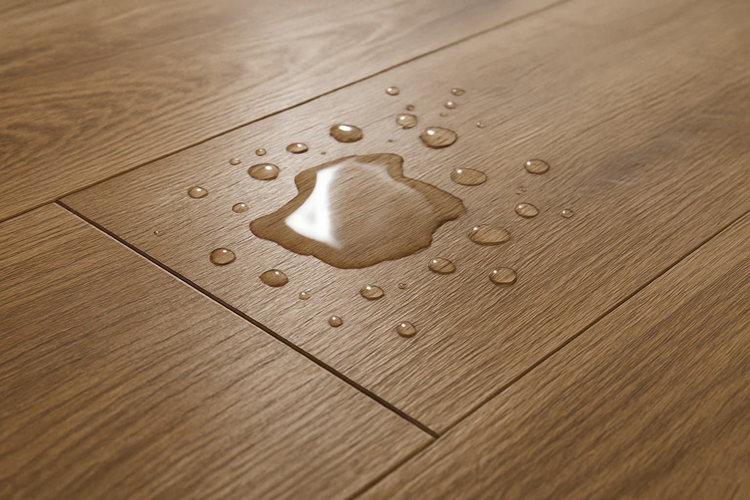 Water droplets pooling on a wood-look floor surface near a seam