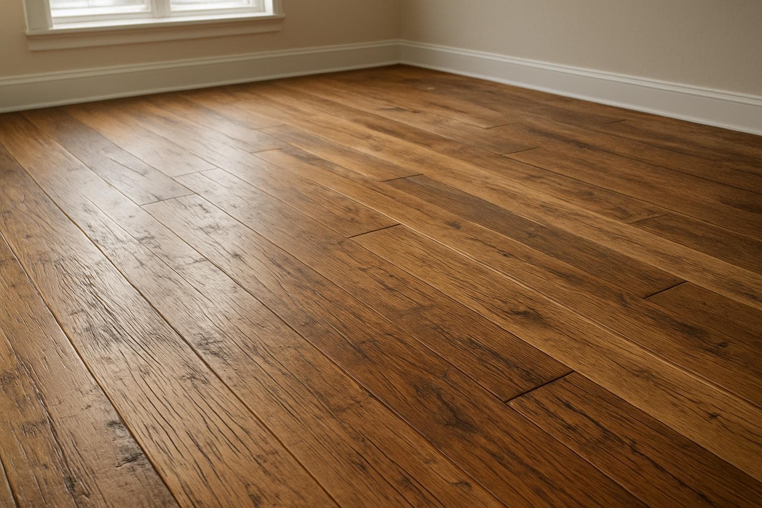 Textured hand-scraped wood flooring showing distressed surface finish