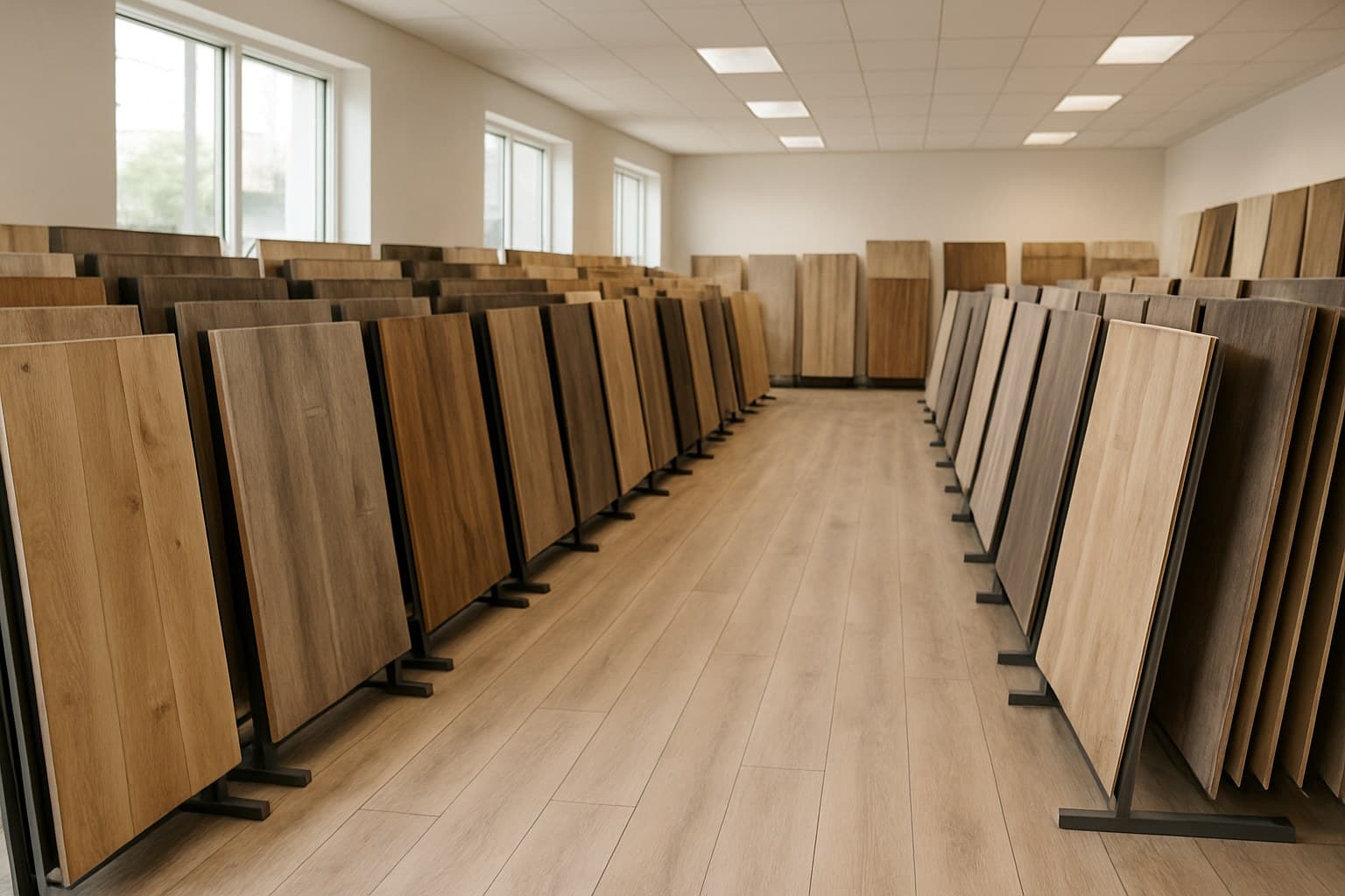 Flooring showroom displaying rows of laminate sample boards for comparison