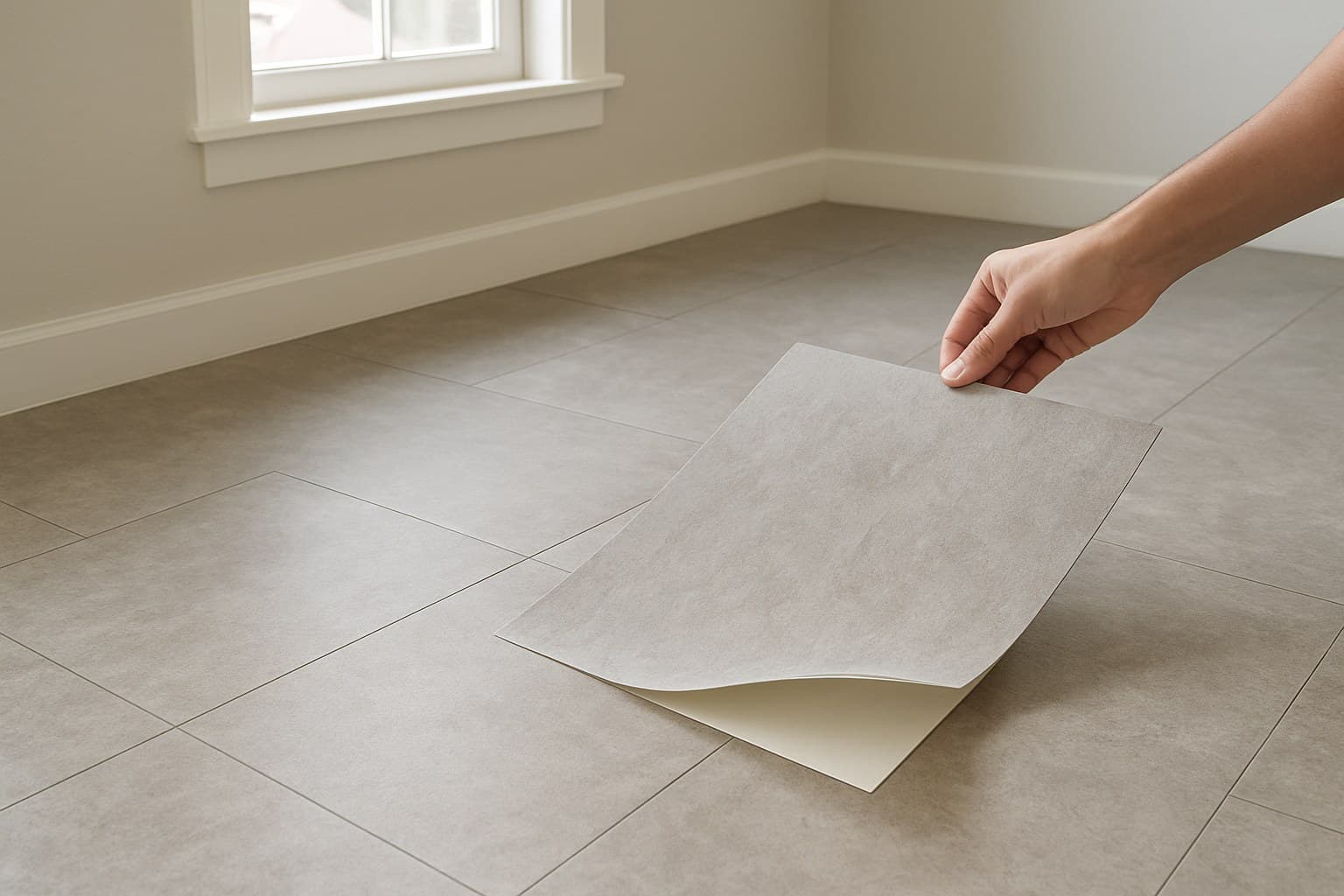 Peel-and-stick vinyl tiles being applied to a floor surface