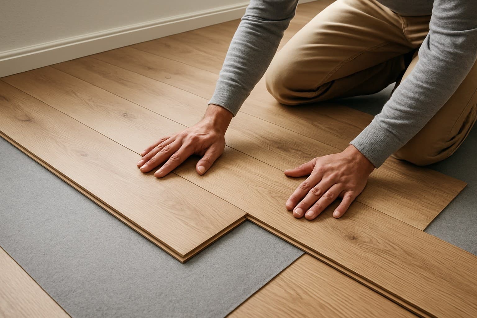 Installer fitting wood flooring planks over underlayment during installation.