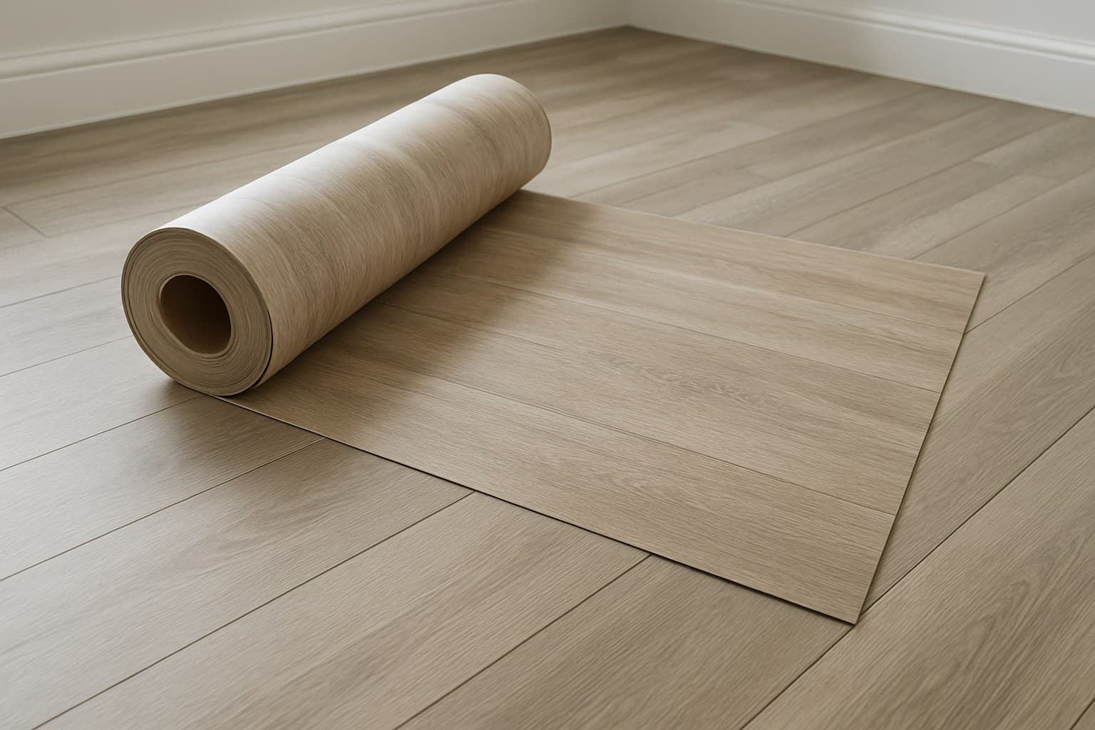 Roll of vinyl flooring unrolled to plan seam placement and width