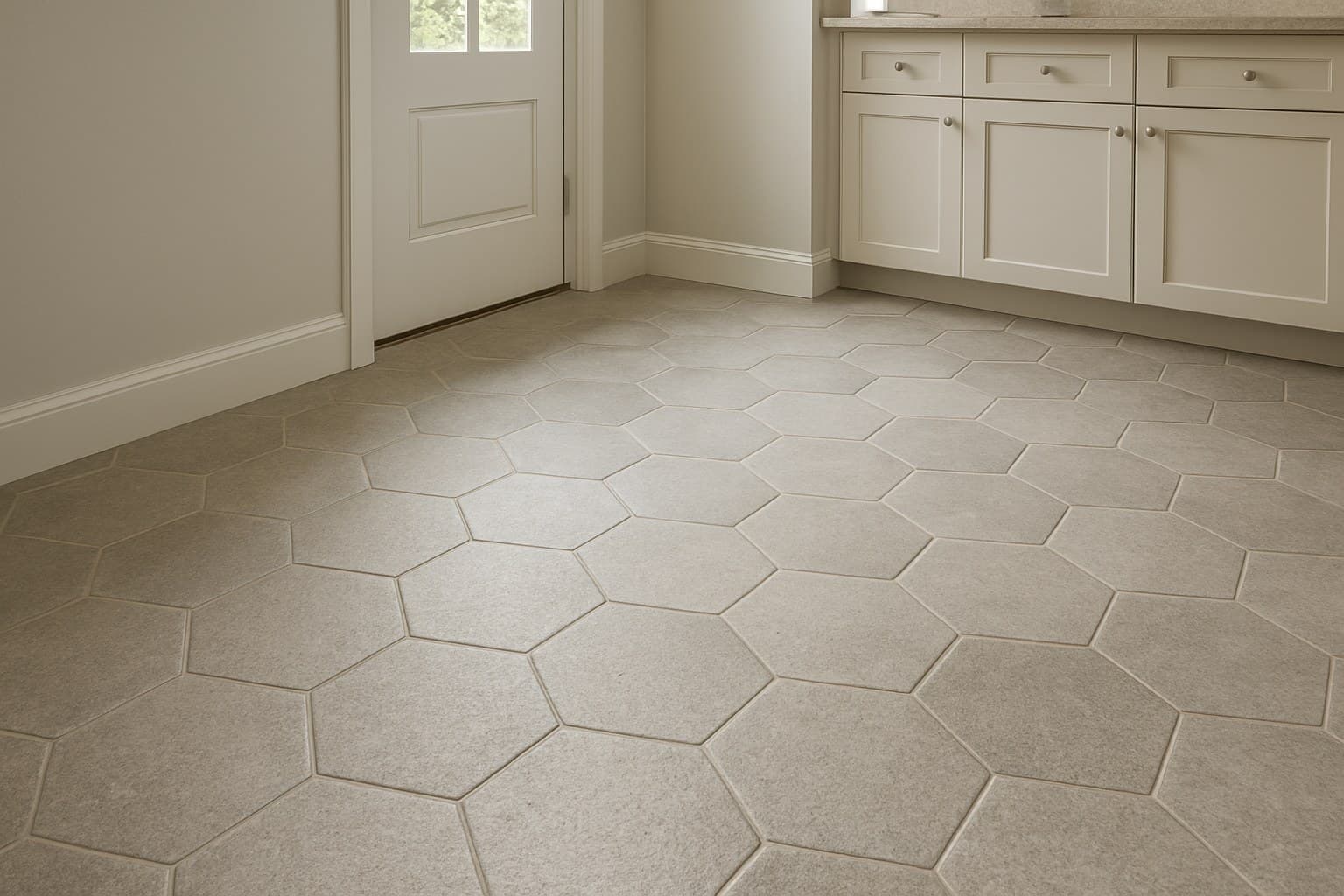 Textured tile floor in a kitchen entry designed for slip resistance