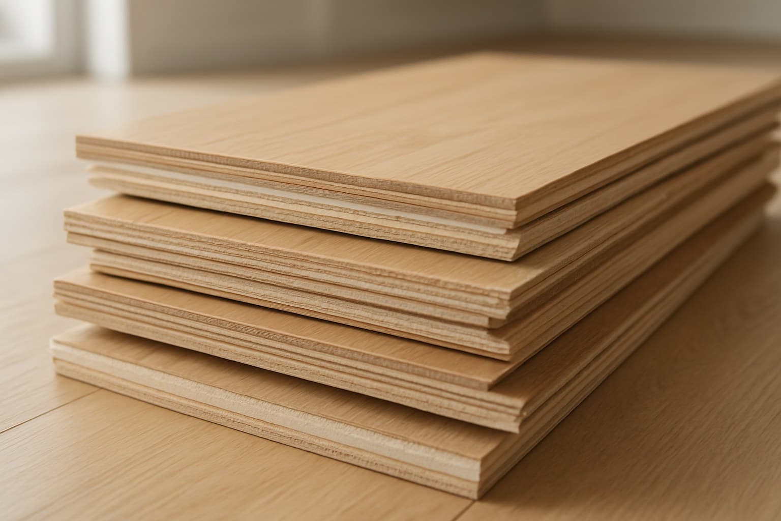 Cross-section of engineered wood flooring planks stacked for comparison