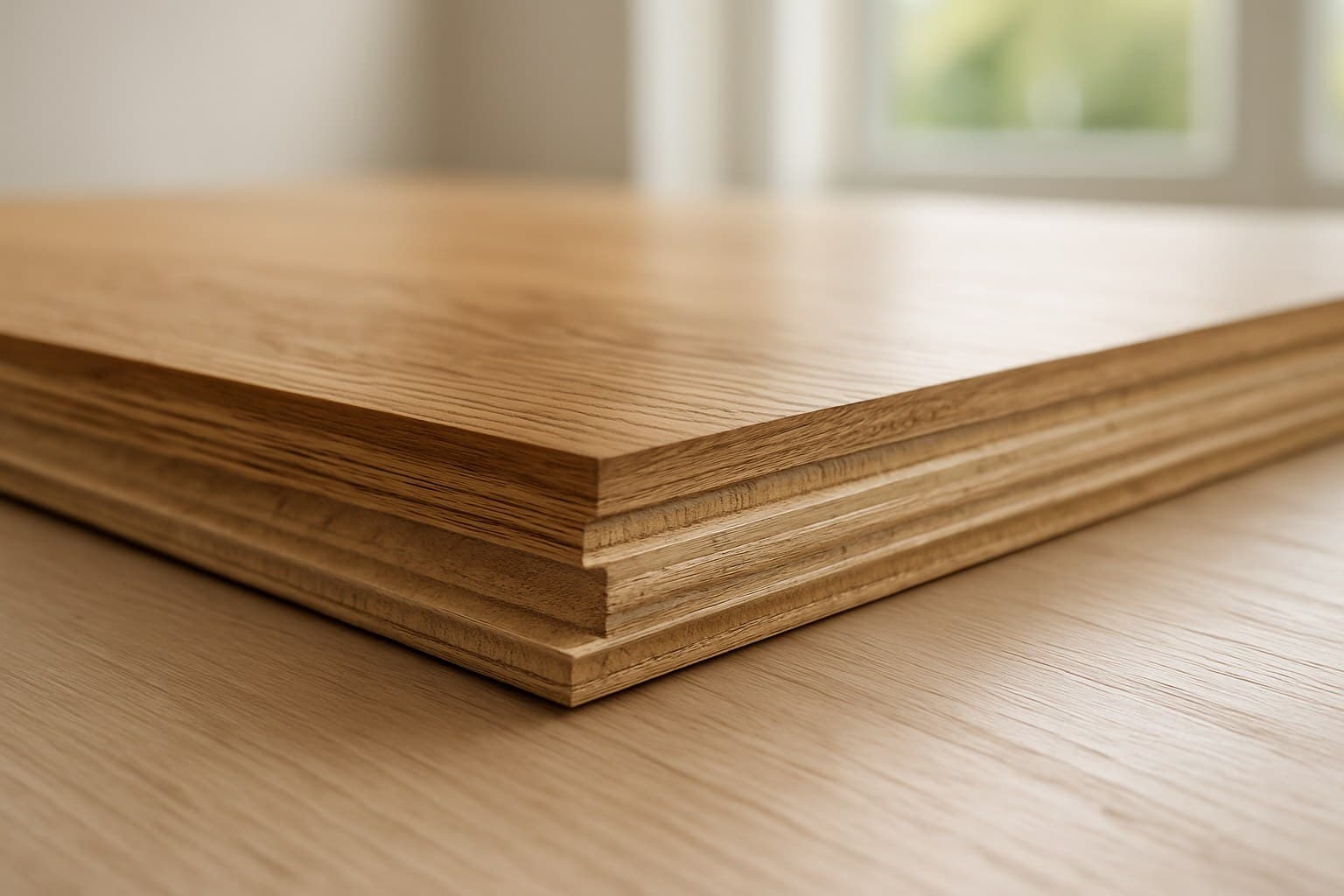 Cross-section of engineered wood flooring showing veneer layer over plywood core.