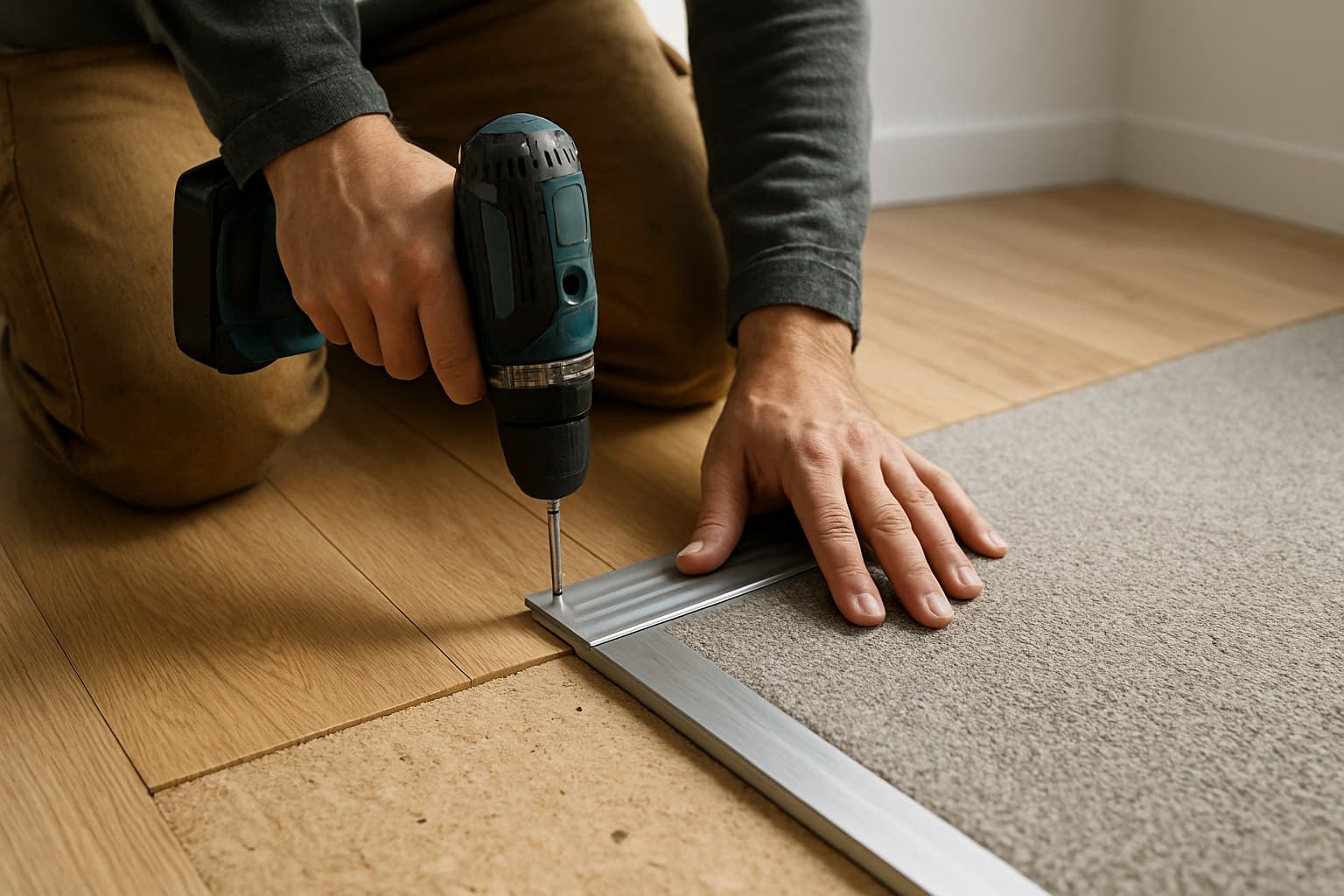 A worker secures a transition strip to the subfloor with a drill