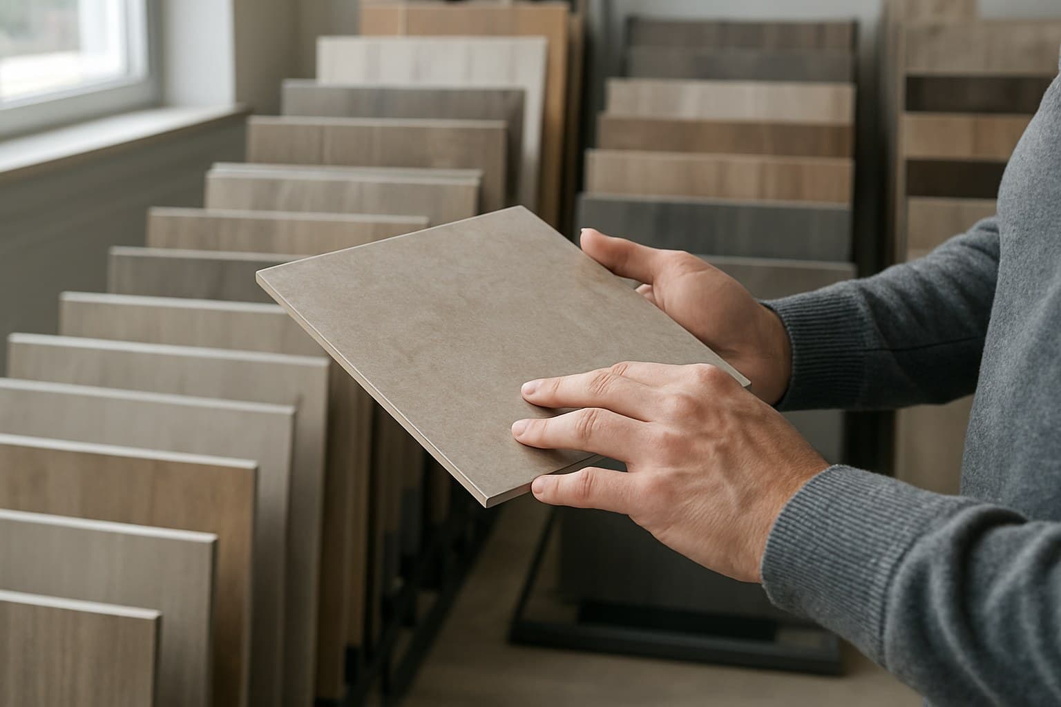 Person closely inspecting a tile sample before a flooring purchase
