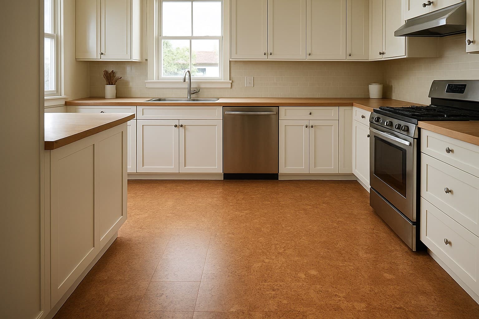 Kitchen interior with cork flooring suited to everyday household use