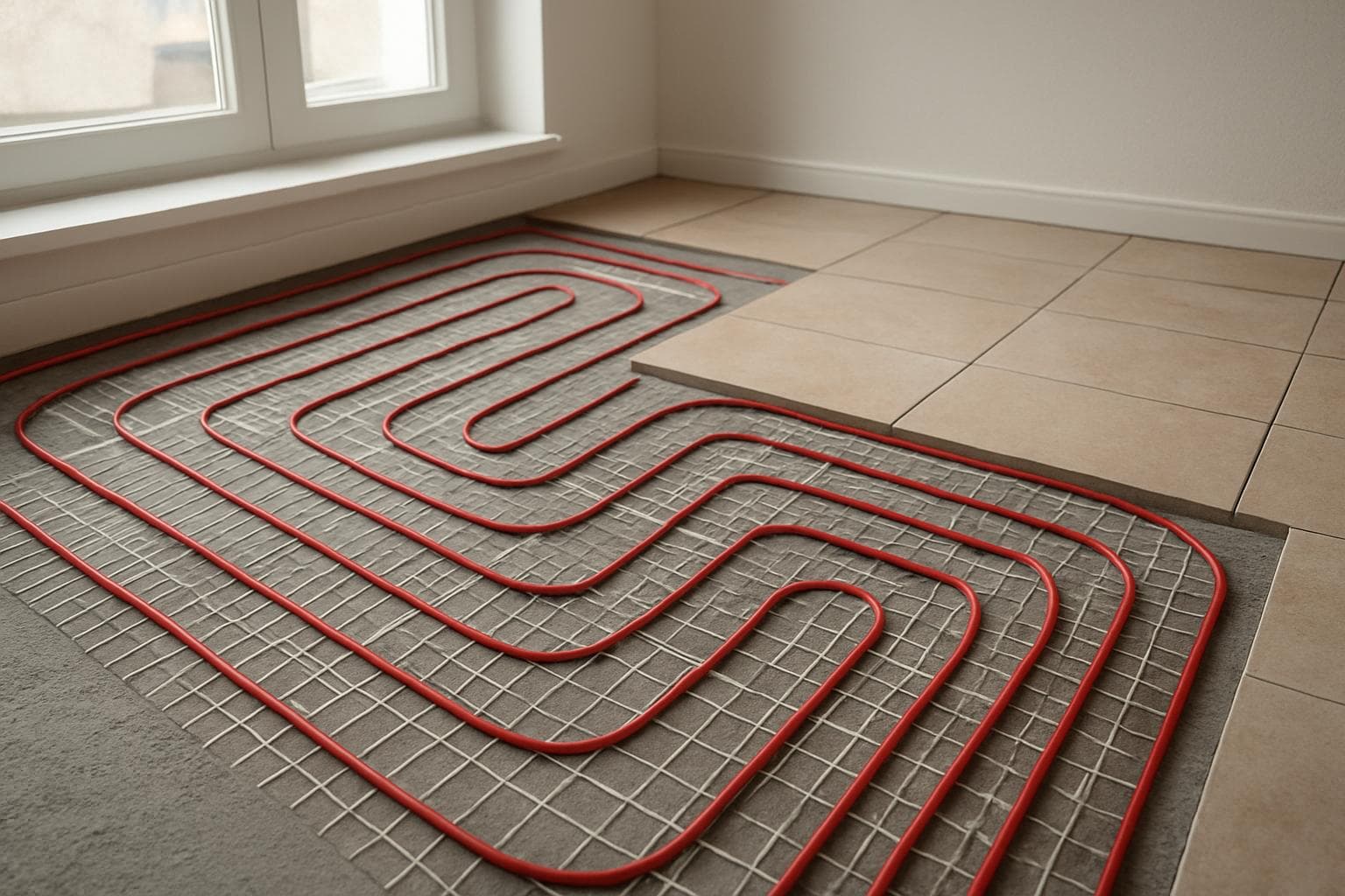 Electric heating cables laid under a floor before tiling, showing a heated floor installation