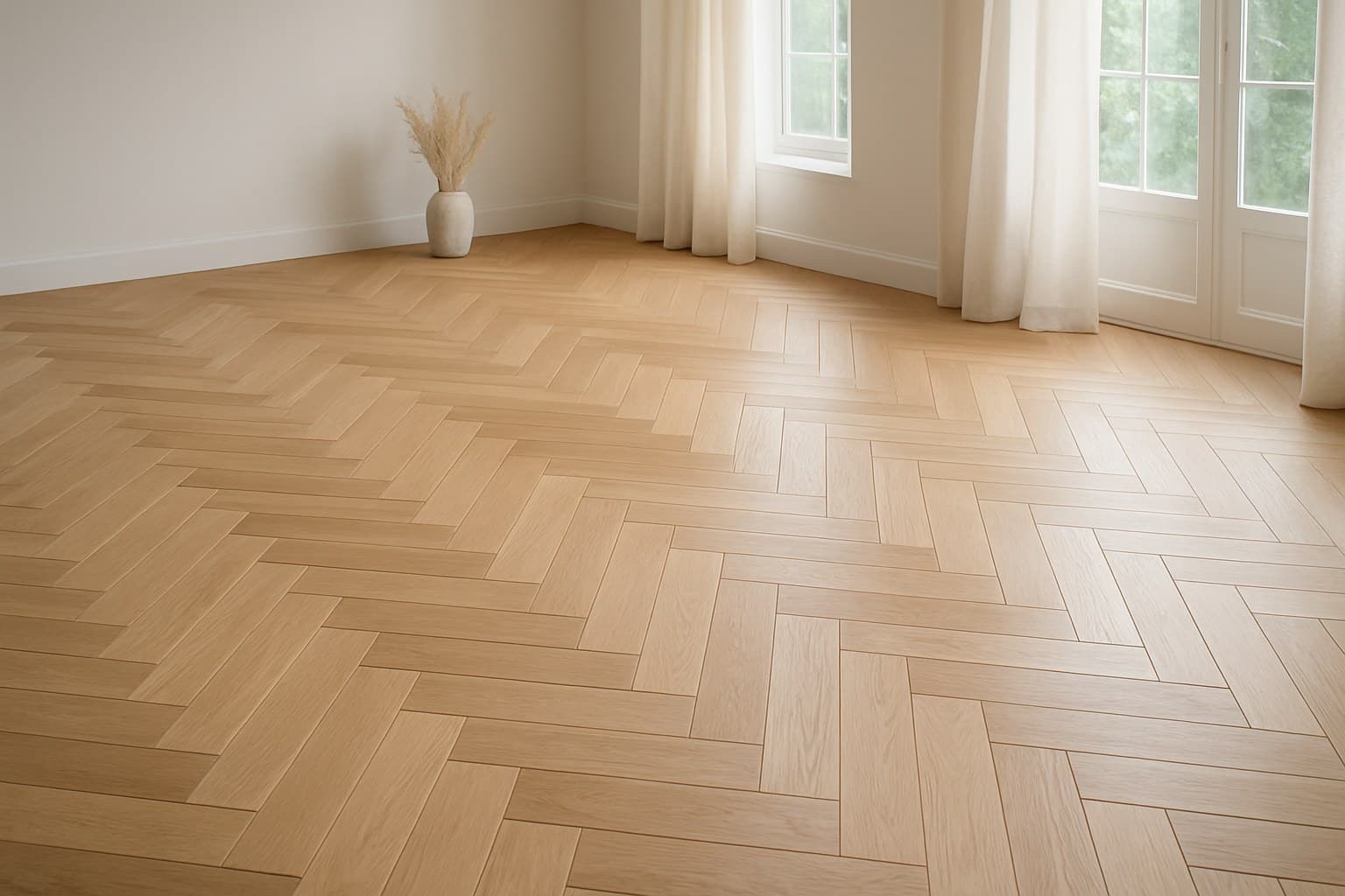 Herringbone pattern light wood flooring in bright room