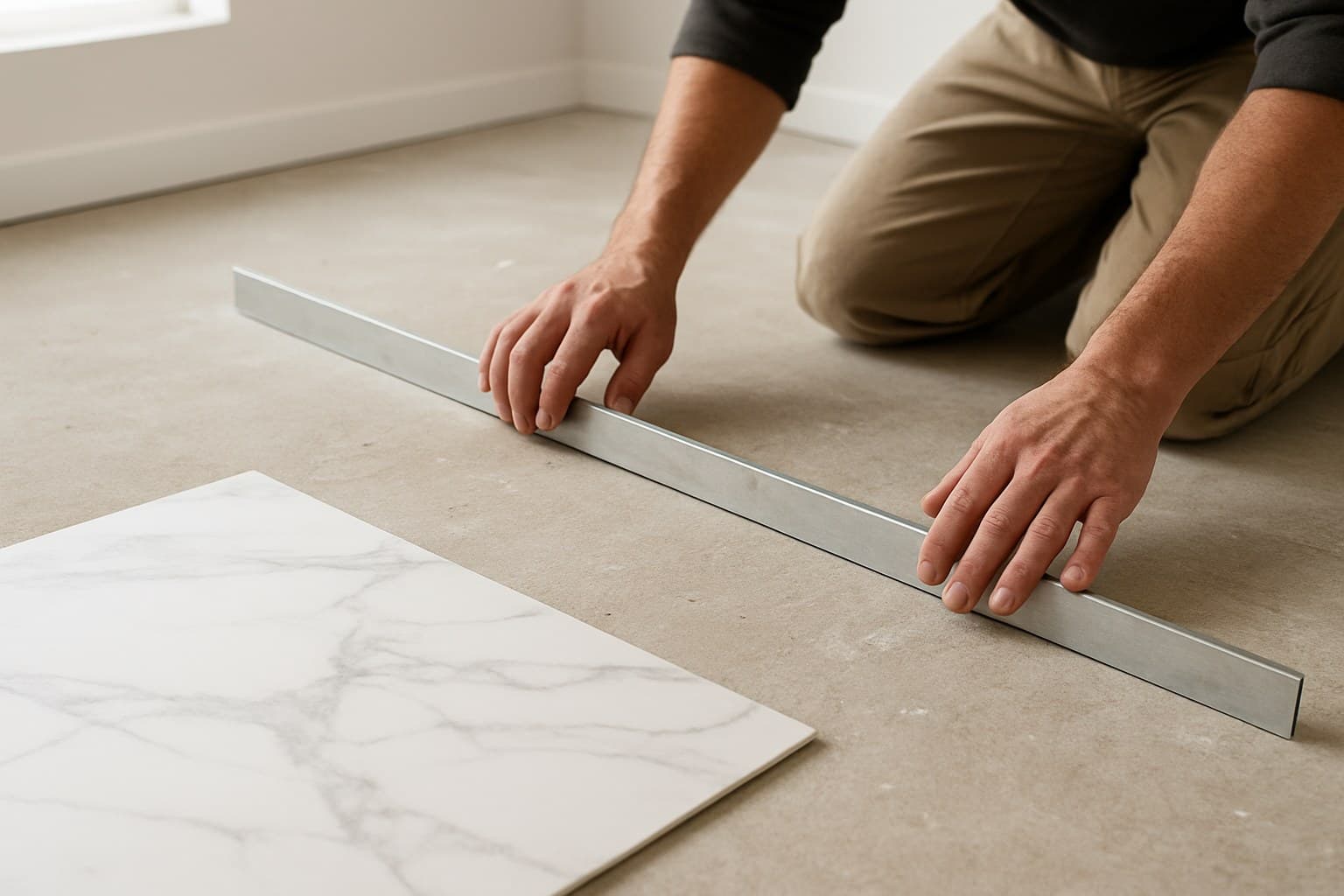 Installer checking a bare subfloor for flatness before laying marble LVT