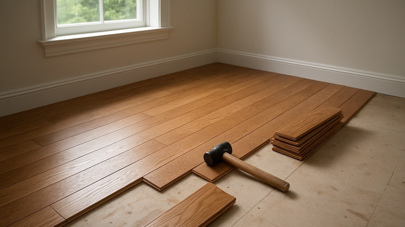 A room interior with partially installed wood flooring planks, installation tools including a mallet, additional wood flooring stacked nearby, and exposed subfloor where installation is in progress.