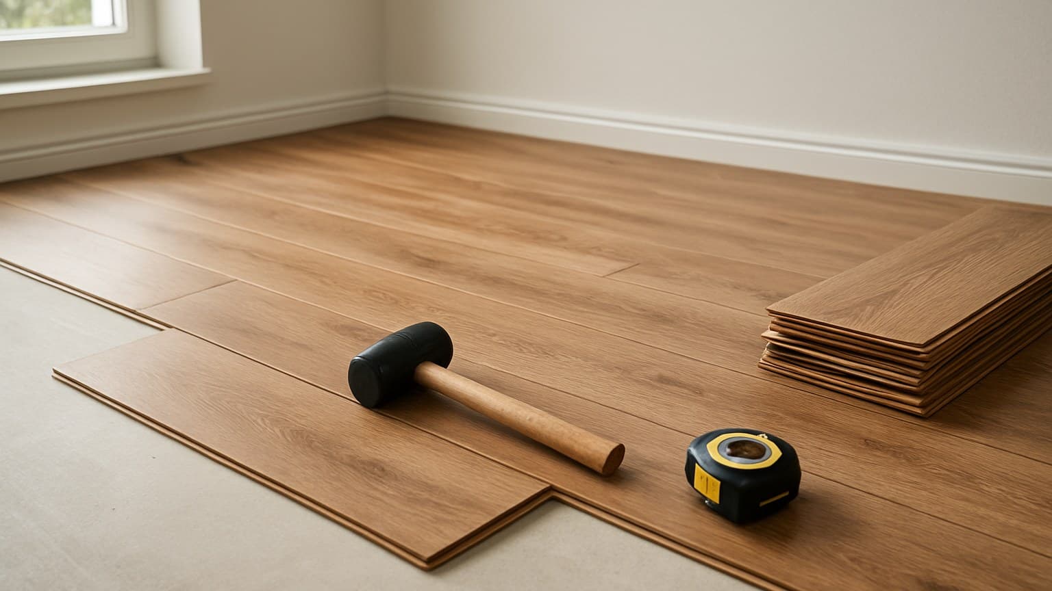 Wood-textured planks laid during flooring installation with hammer, tape measure, and substrate visible