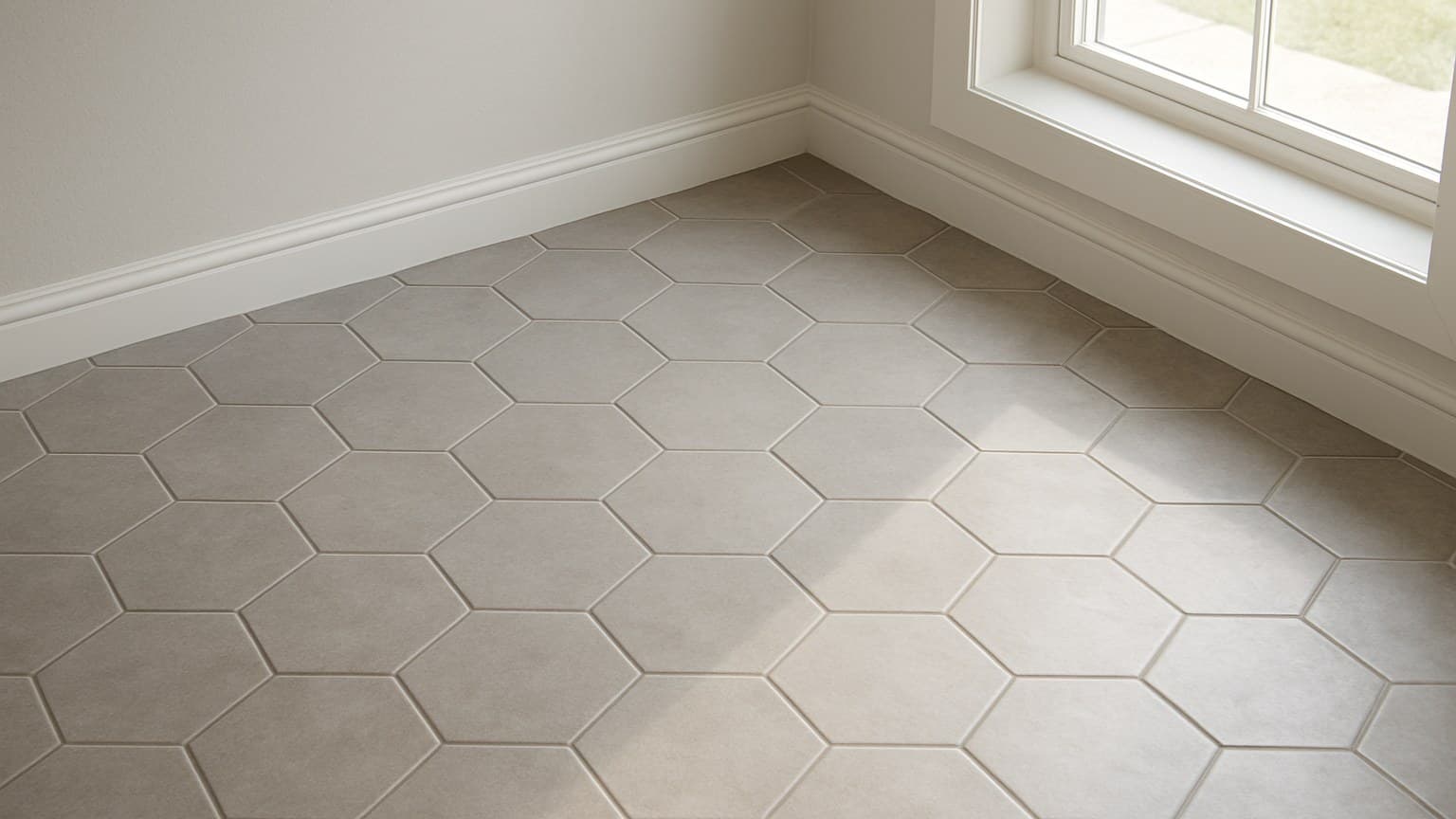 Light-colored hexagonal ceramic tiles arranged in honeycomb pattern on a floor in a bright room