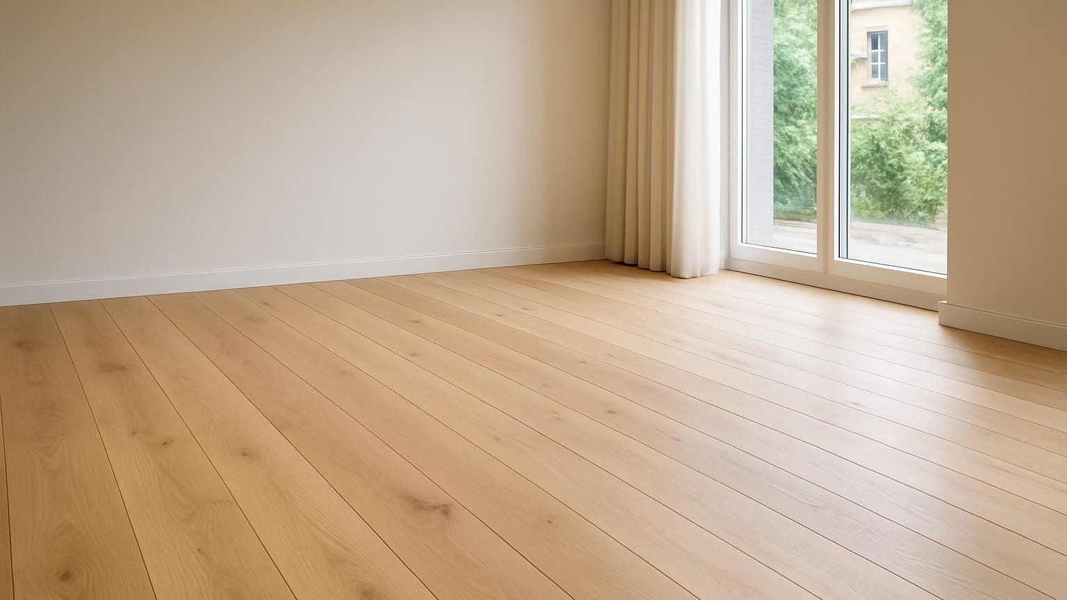 An empty room featuring light wood-colored plank flooring in linear pattern with windows and curtains