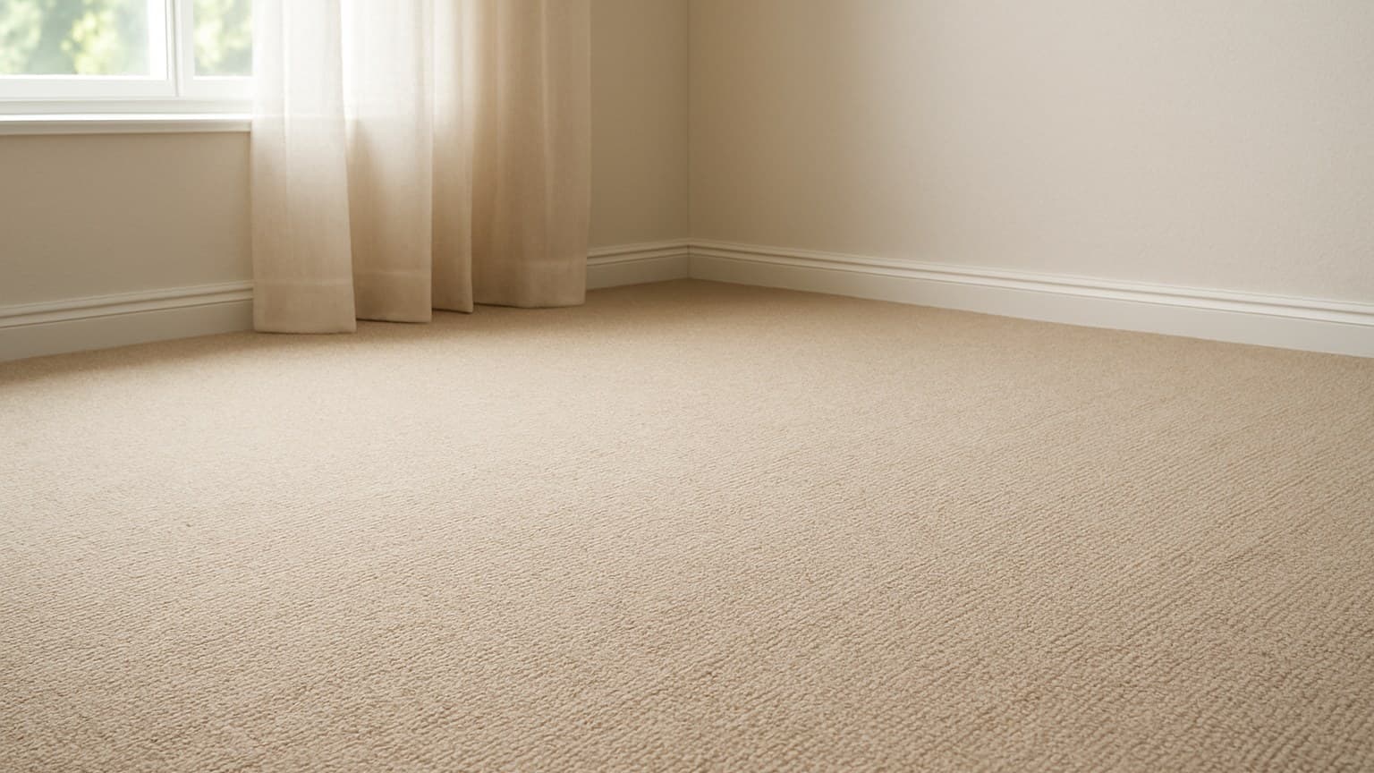 A room with beige carpet featuring a subtle woven texture pattern, white walls, window with draped curtains.