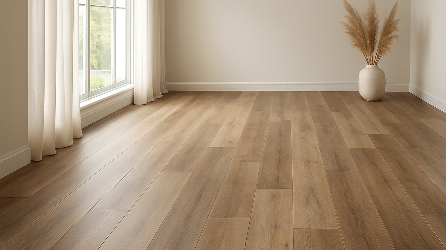 A bright, empty room with long wooden-grain planks in warm brown tones arranged in a staggered pattern.