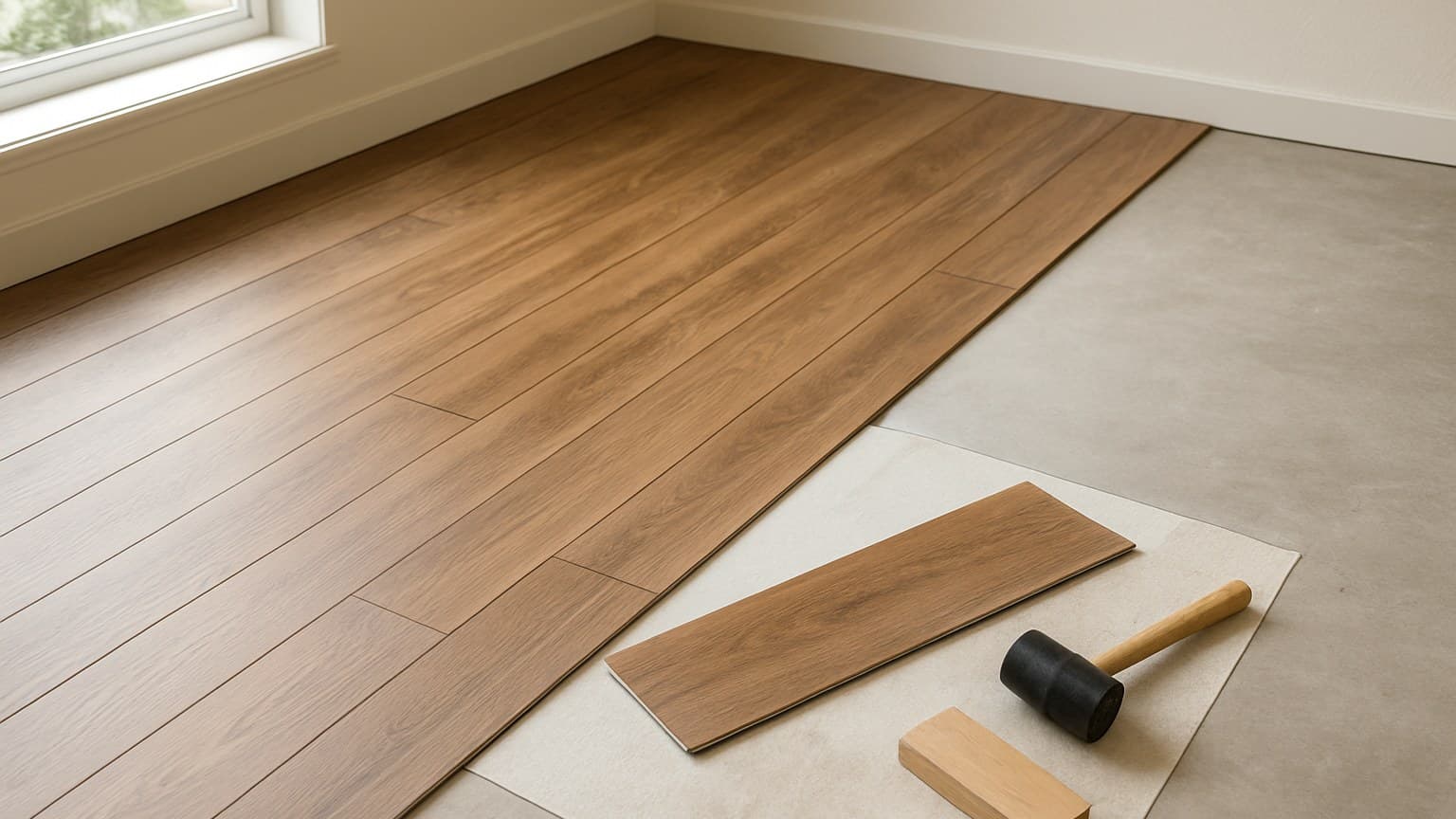 A room with wood-grain plank flooring being installed, with spacer blocks and a rubber mallet visible on the subfloor.