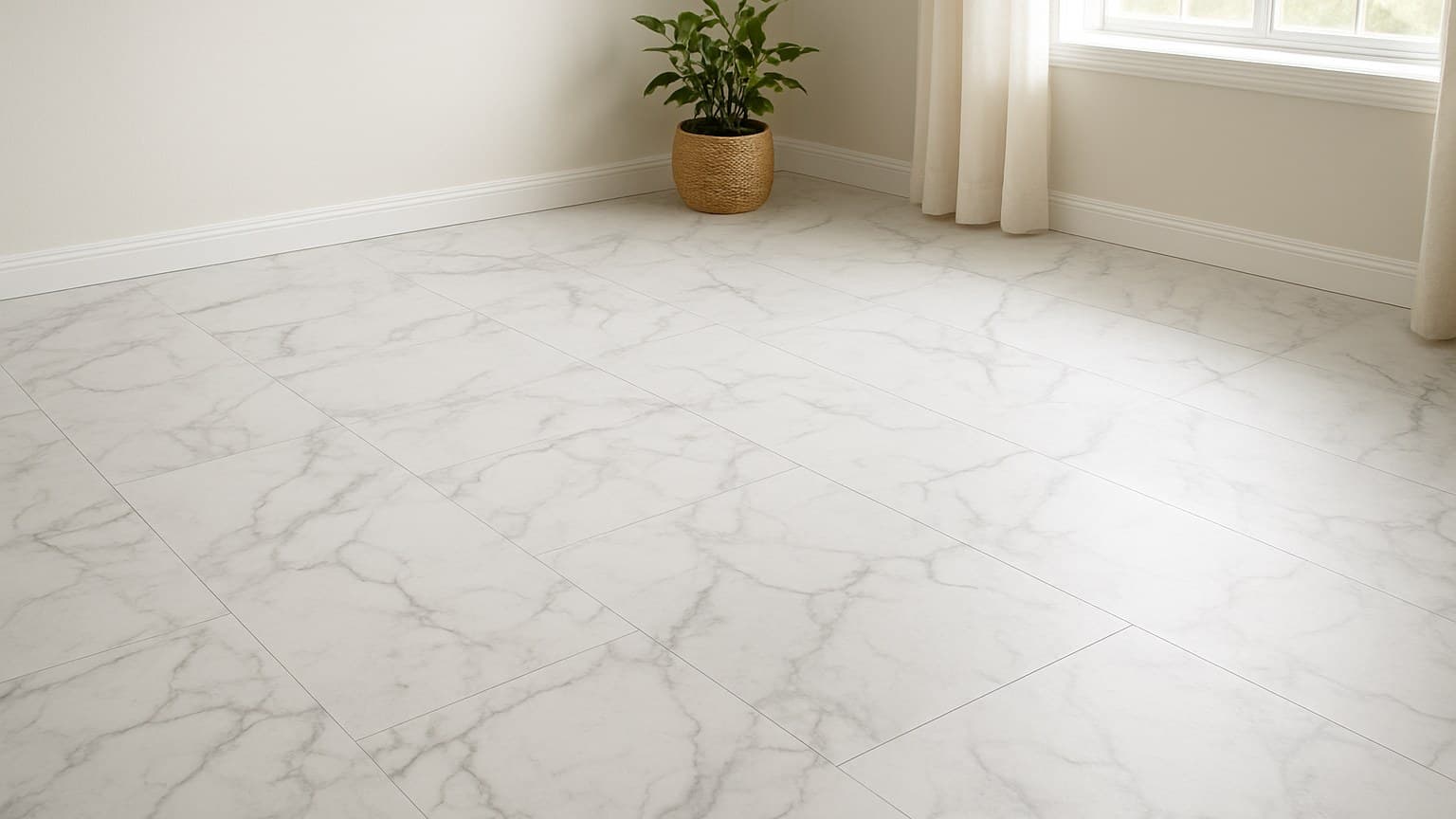 A light-filled room with white walls, featuring flooring with white base color and gray marble-pattern veining, a potted plant near bright windows