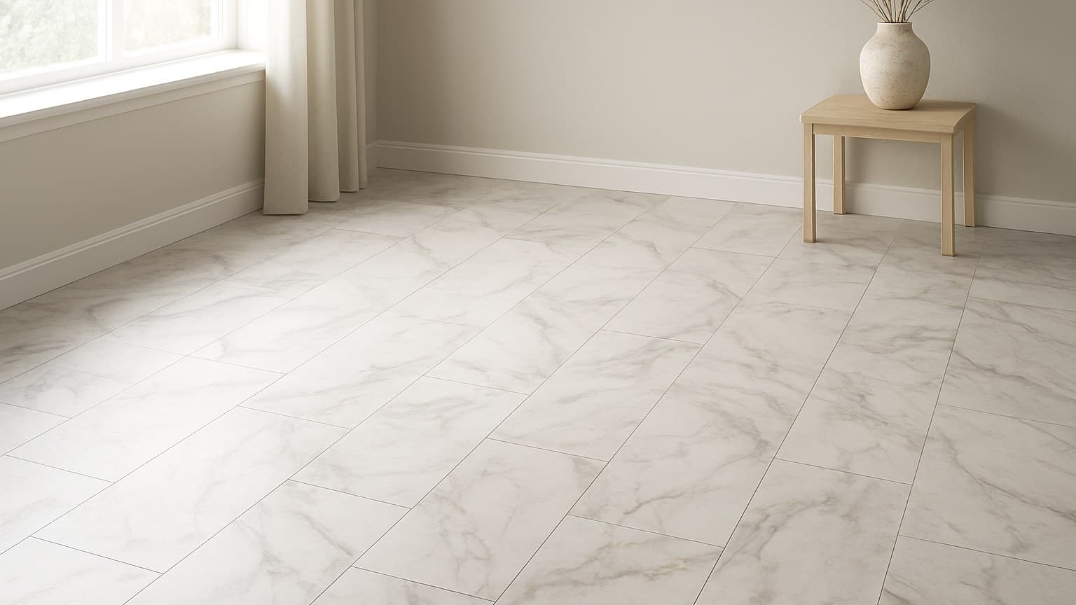 A room with light-colored stone-look flooring displaying repeated gray veining patterns in rectangular tile or plank format.