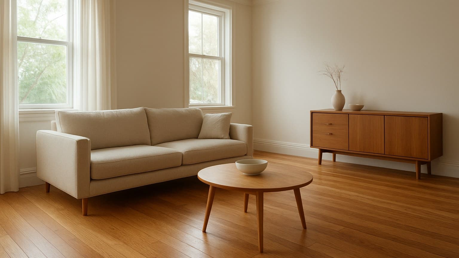 A modern living room with a beige sofa, wooden coffee table, and light-toned wood plank flooring throughout.
