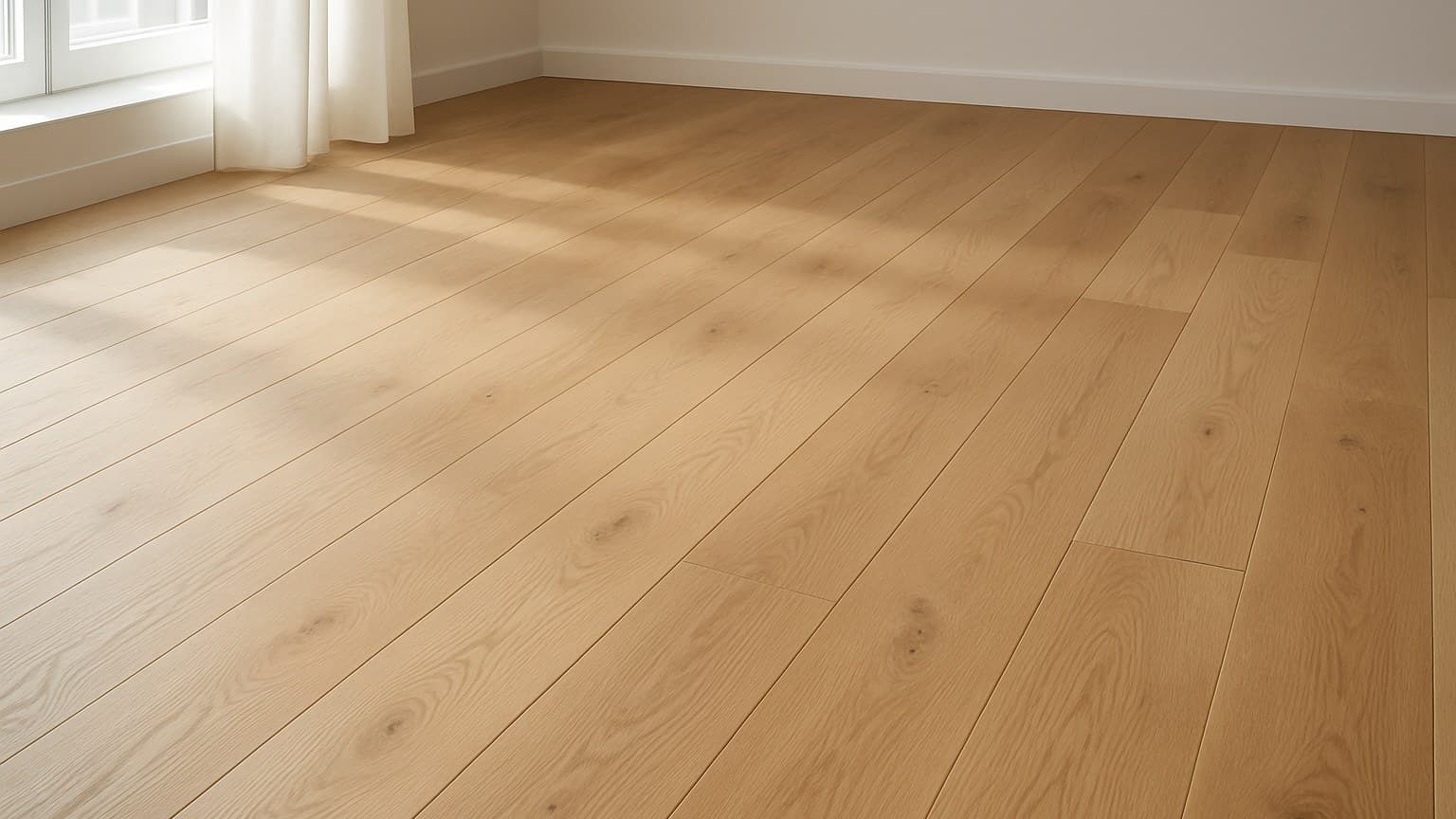 Empty room with hardwood flooring in light honey-tan tones and visible wood grain patterns.