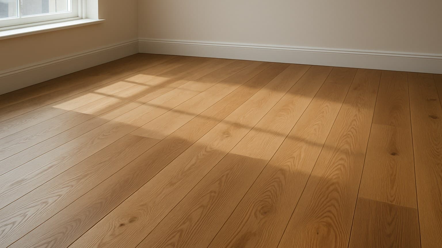 Interior room with wooden plank flooring in warm medium-brown tones showing visible grain patterns and texture