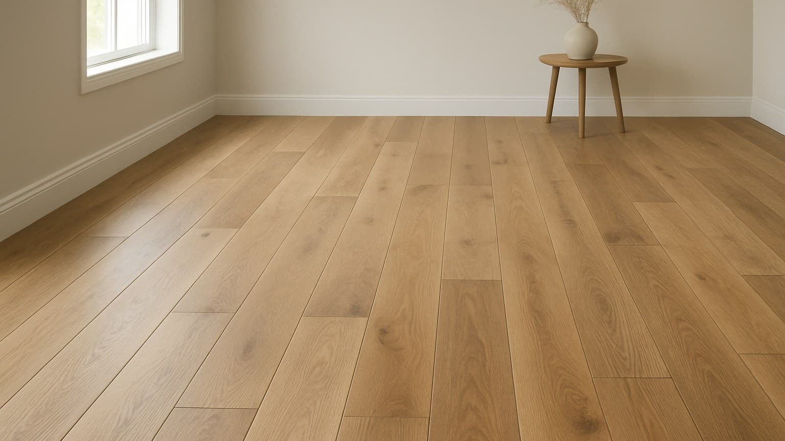 A room with light-colored wood planks installed in a staggered pattern, with uniform factory finish and visible plank seams.