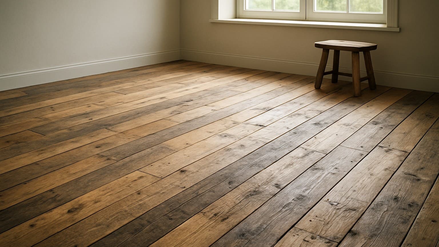 An interior room with wide wooden planks showing color variation, knots, and surface wear patterns typical of aged wood flooring.