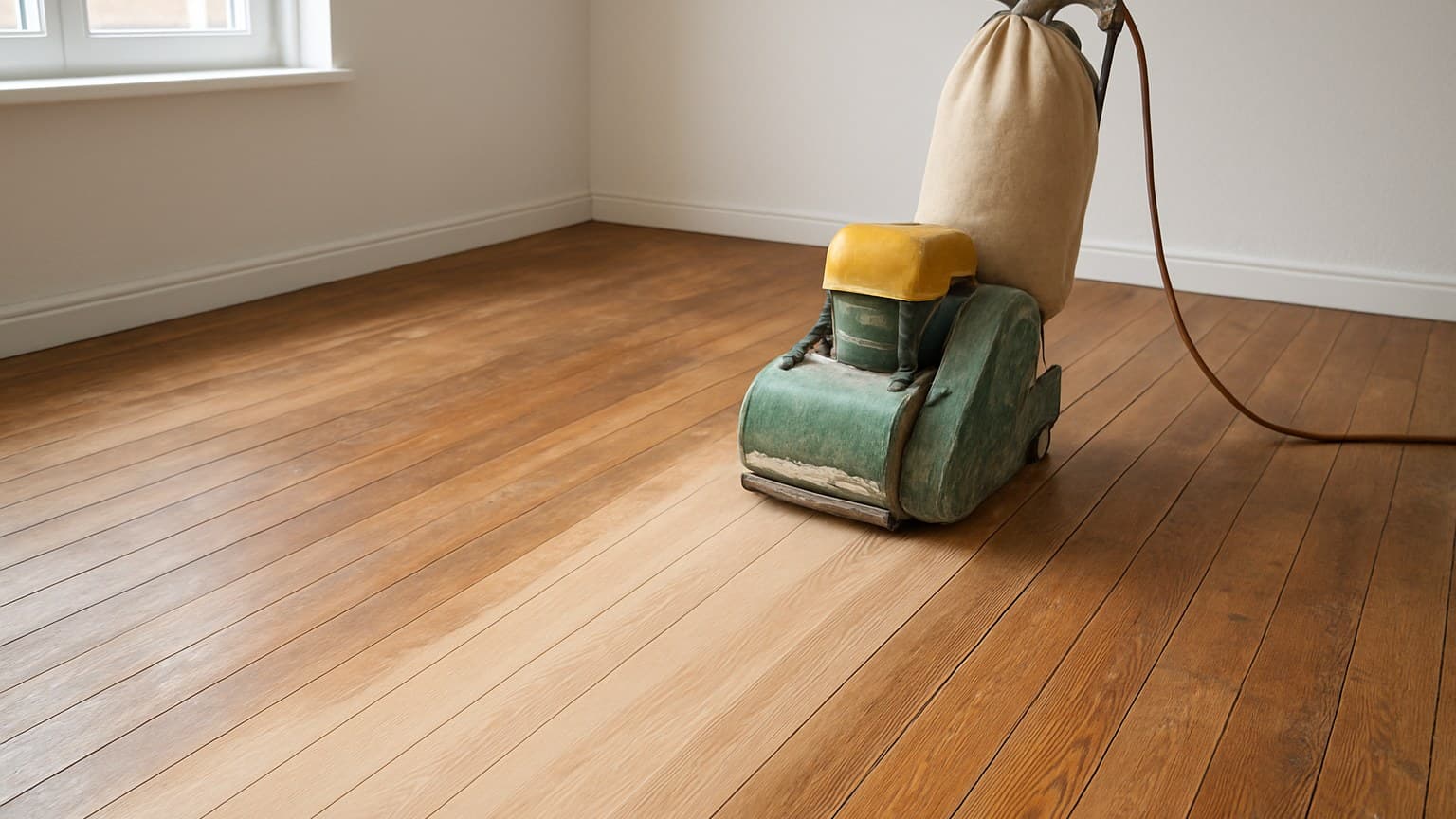 A wooden floor with a floor sanding machine and attached dust collection bag set up in a room interior.