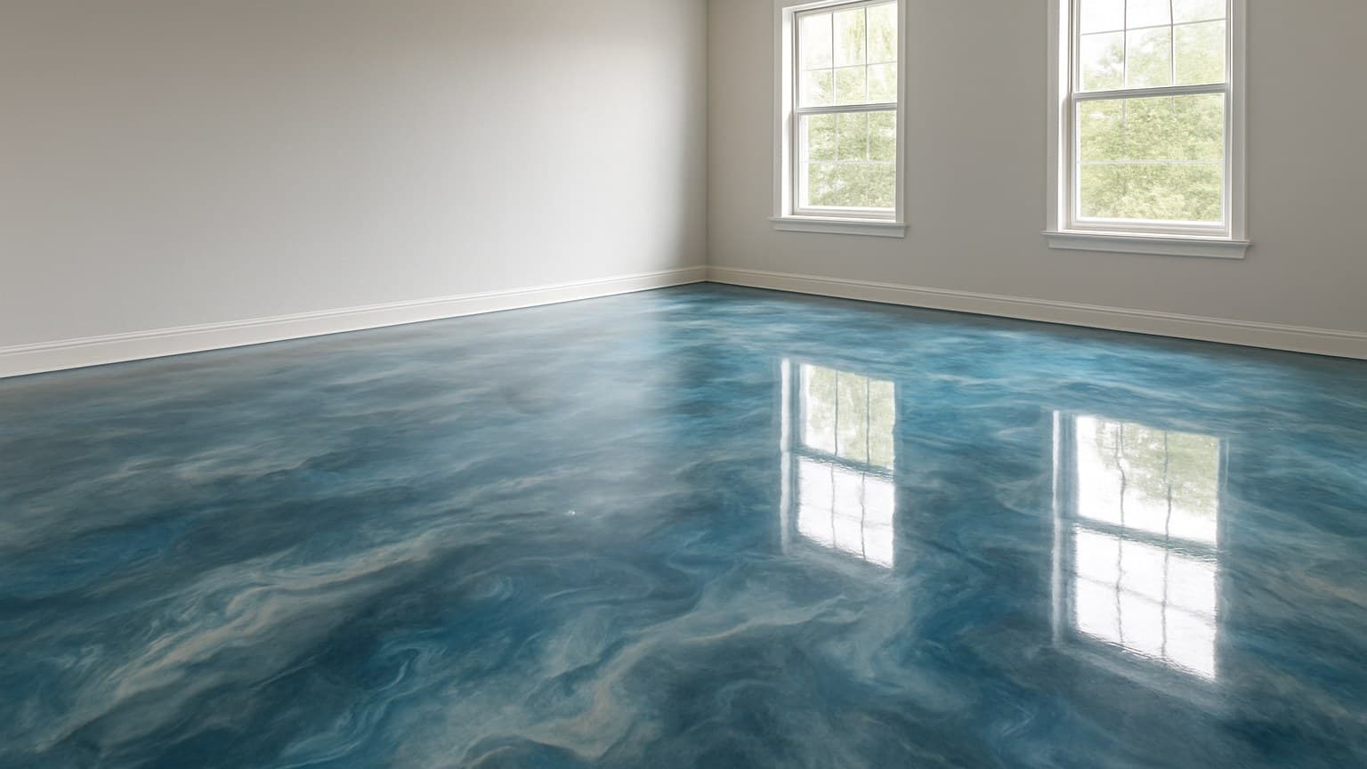 A high-gloss blue floor with swirled decorative patterns reflecting windows in a room with white walls.