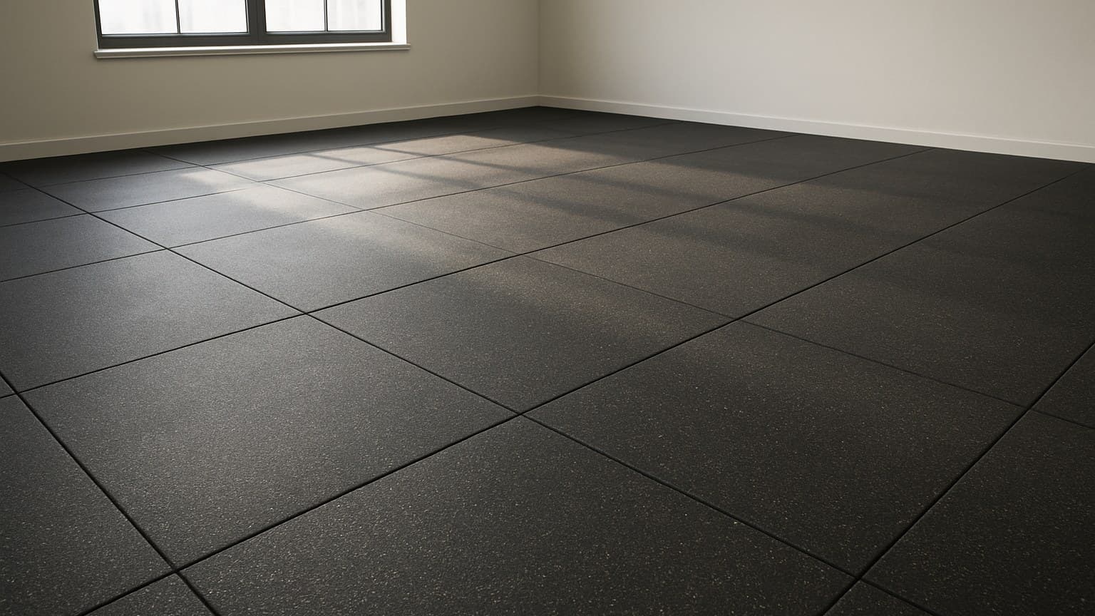 A room with dark interlocking floor tiles arranged in a grid pattern with visible seams.