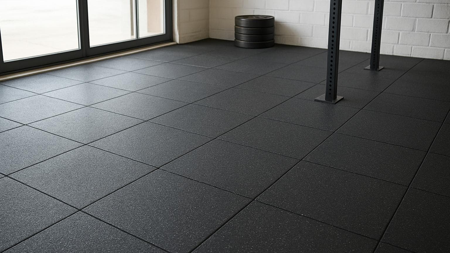 A gym space with dark modular interlocking floor tiles and black support columns along the windows.
