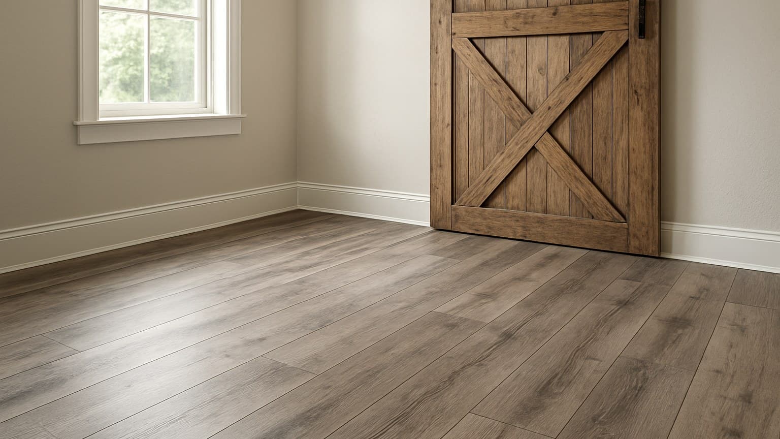A room interior featuring wide planks in grayish-brown wood tones with grain patterns, next to a wooden barn door with X design.