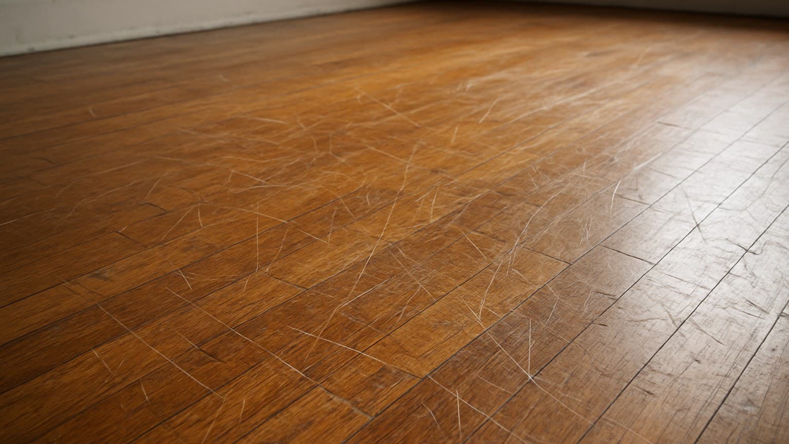 A wooden floor with extensive visible scratches, scuff marks, and wear damage across the surface.
