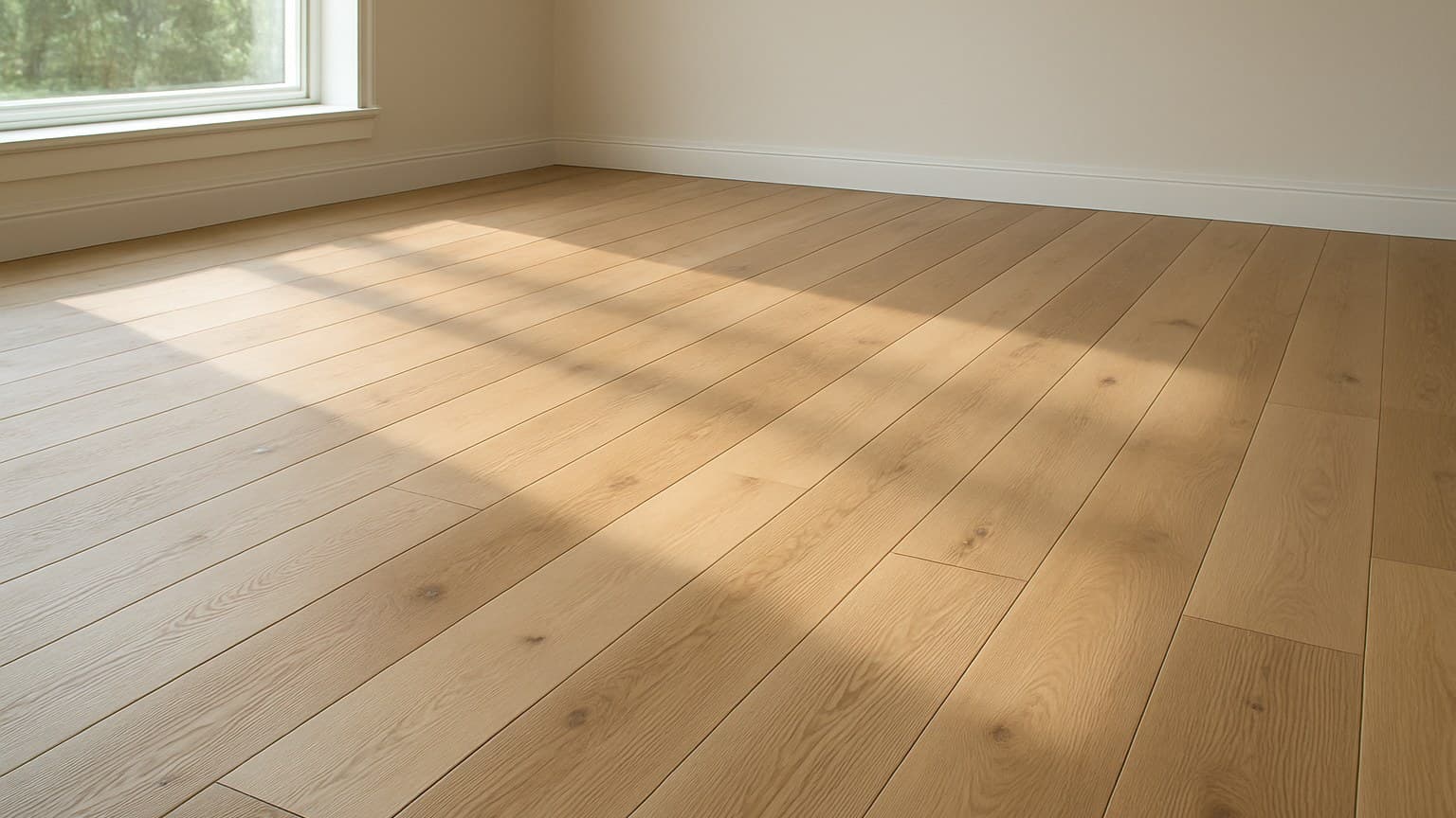 A room with wood plank flooring in light to medium tones, showing natural grain variation and professional installation.