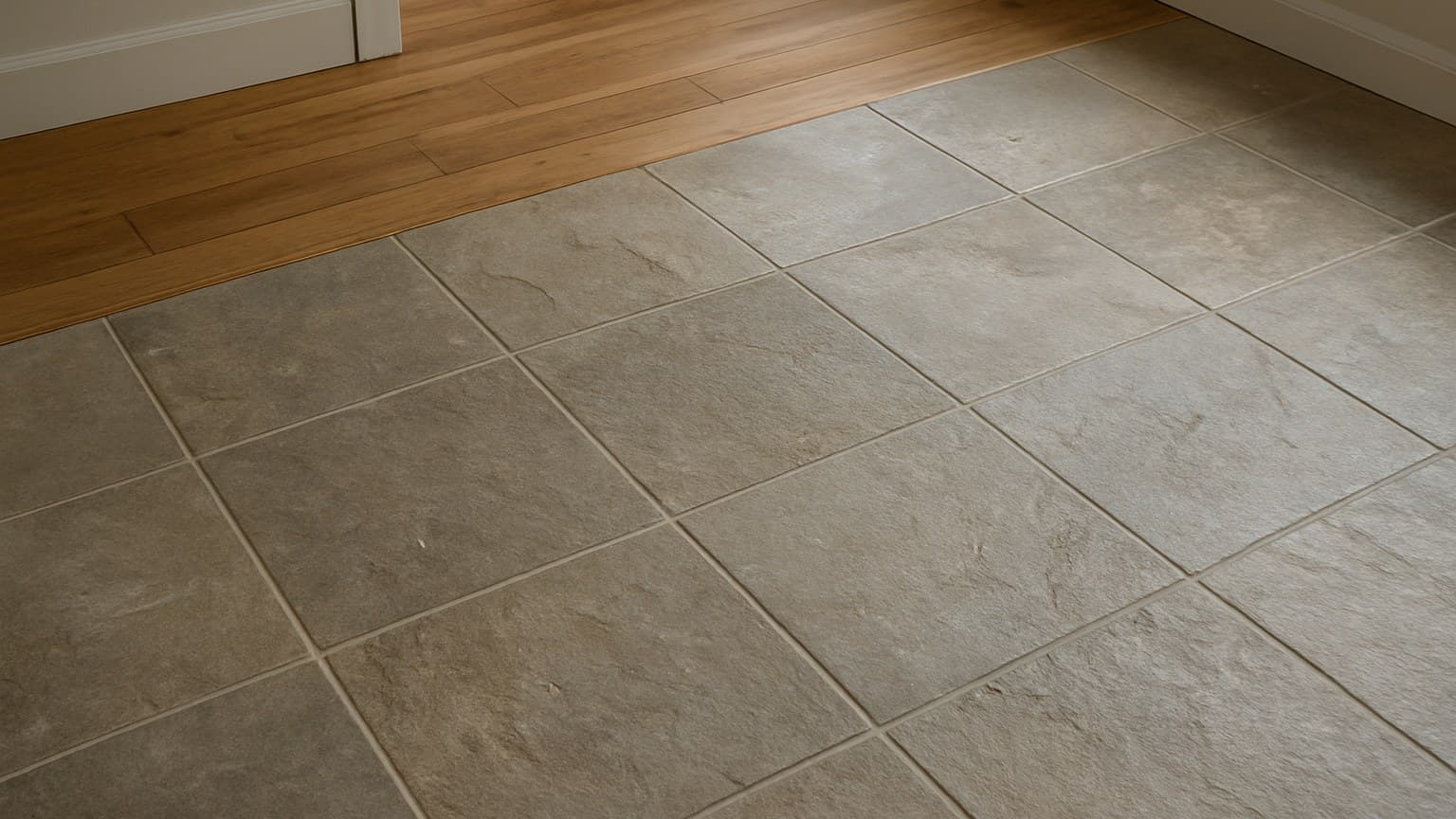 A room with wooden flooring on the left and light gray rectangular tiles with stone-like appearance on the right.