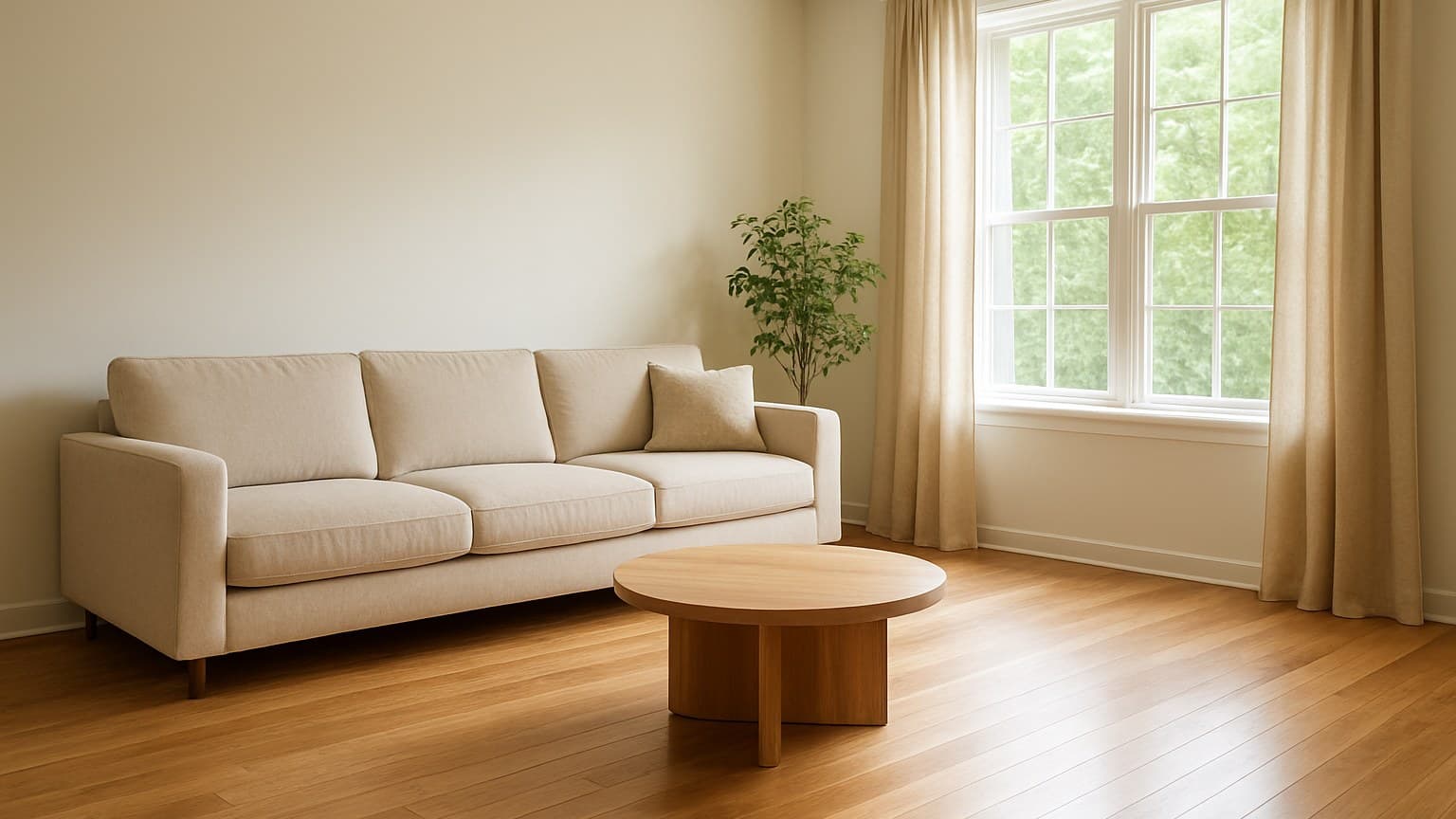 A living room with warm-toned wood flooring, cream sofa, round wood table, and bright window