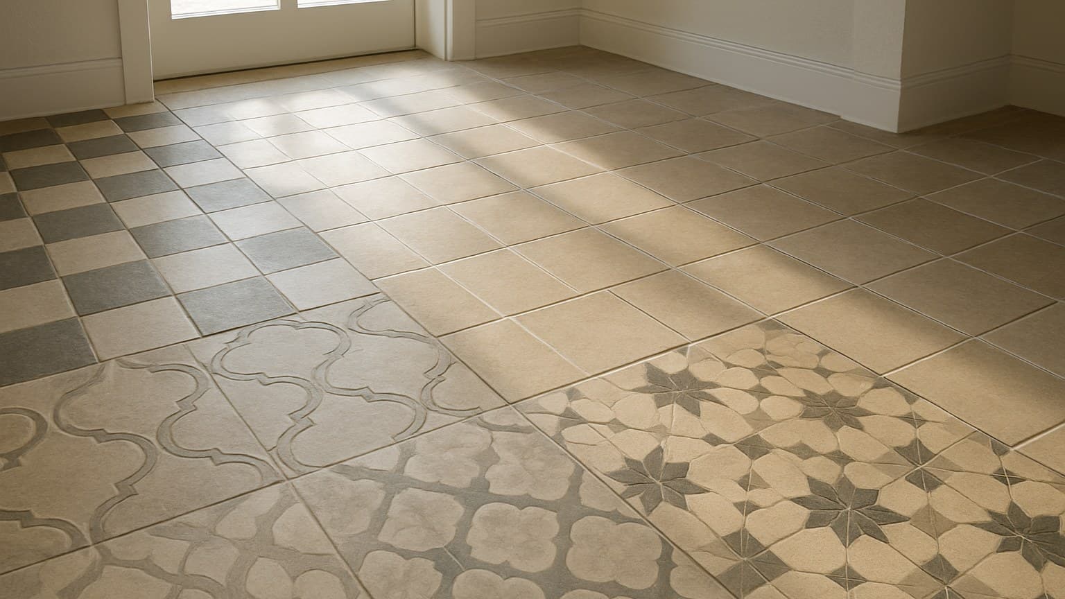 Interior room with tiled flooring featuring geometric patterns in foreground and plain tiles in background.