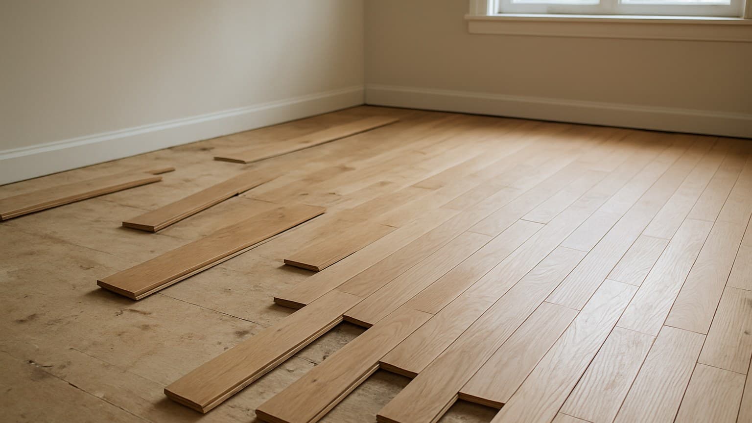 Interior room with light-colored wood planks in the process of installation, with subfloor visible on the left and partially finished flooring on the right