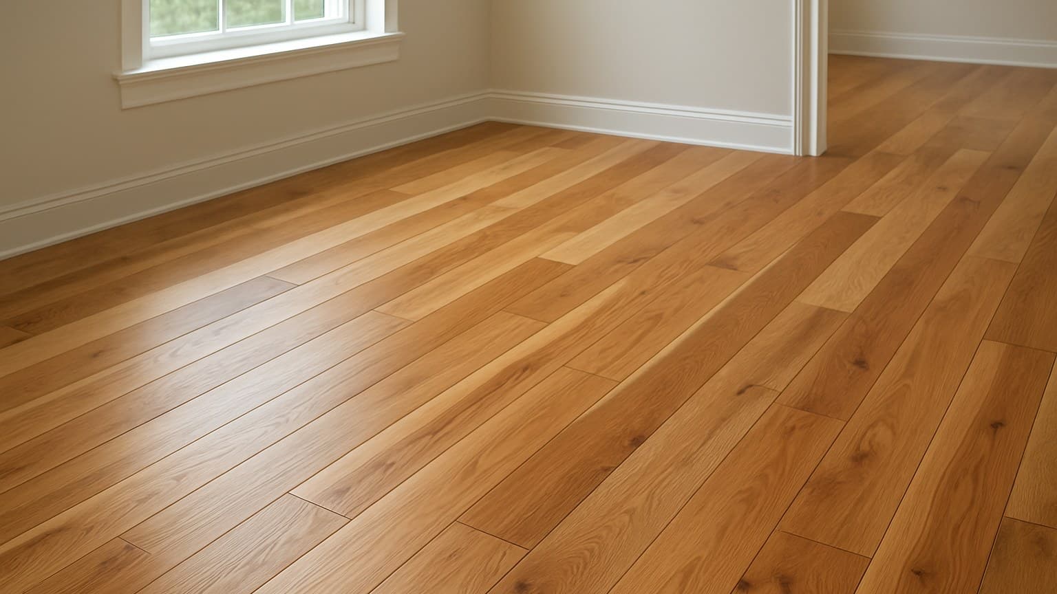 An empty room with wood plank flooring in medium-brown tones, displaying visible knots and grain patterns characteristic of hardwood.