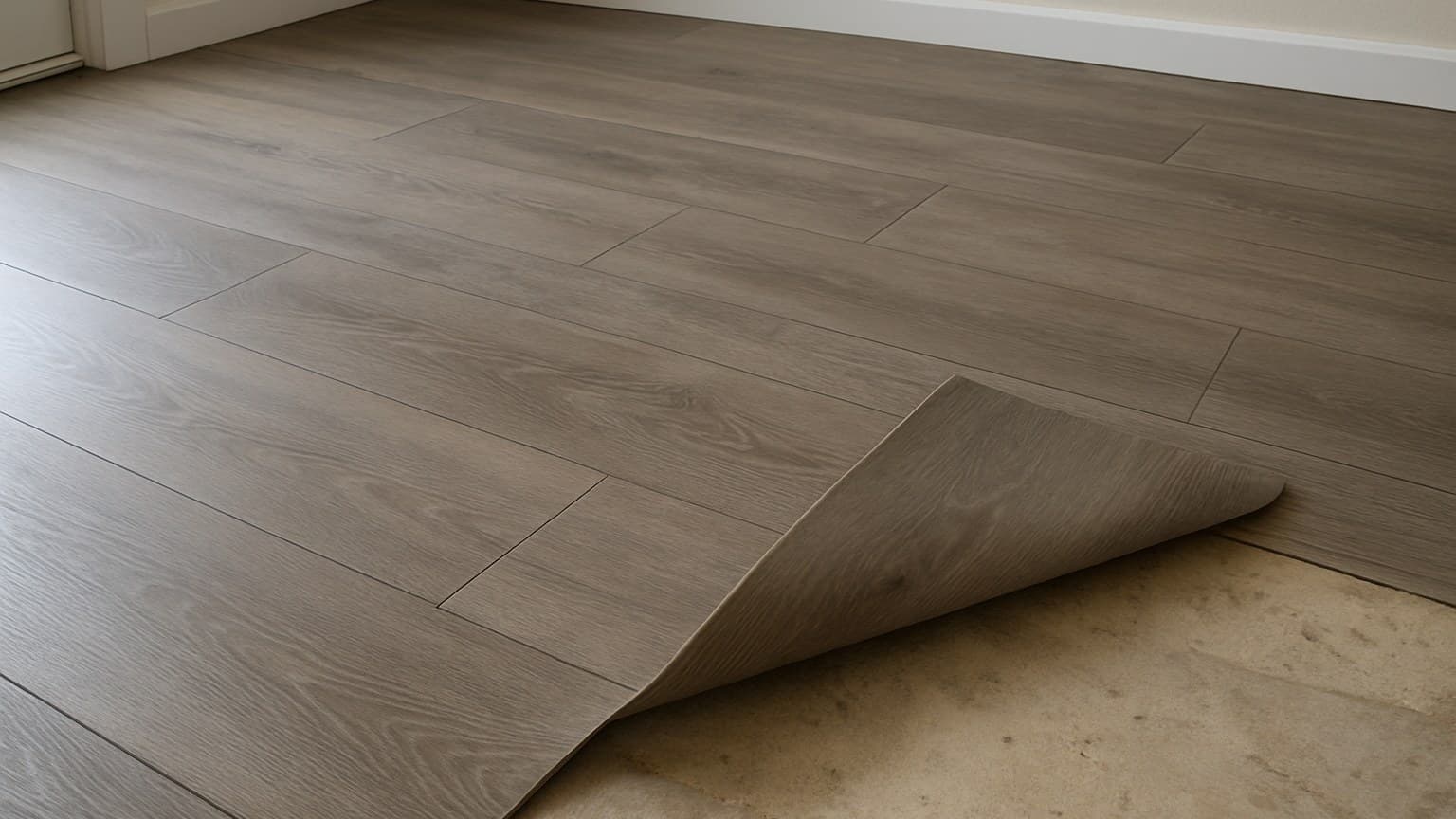 A room with rectangular plank flooring in wood-grain pattern, one section peeled back revealing the subfloor.